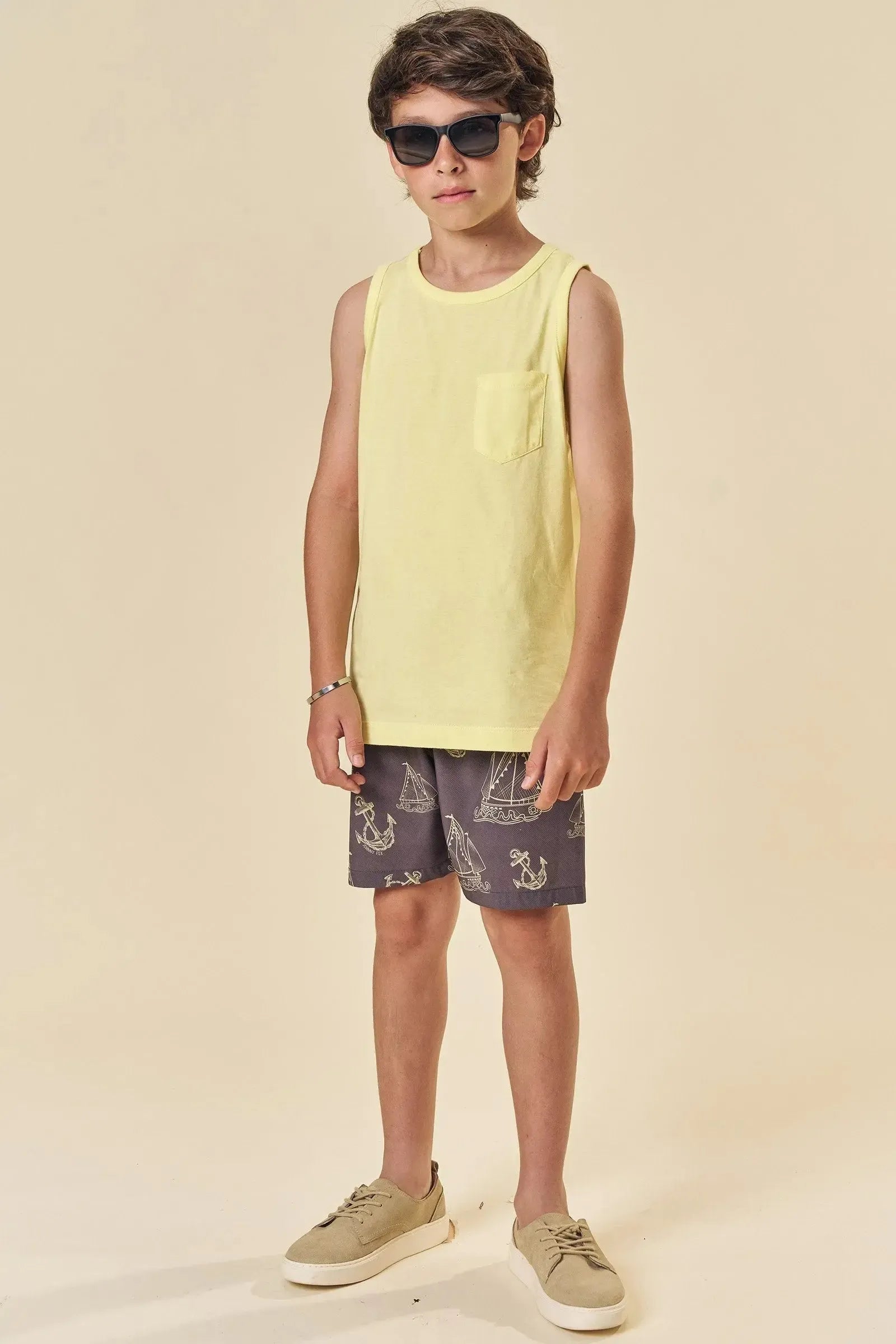 Conjunto de Regata em Meia Malha e Bermuda Boxer em Nylon Ergonomic 83810 Johnny Fox Teen Menino