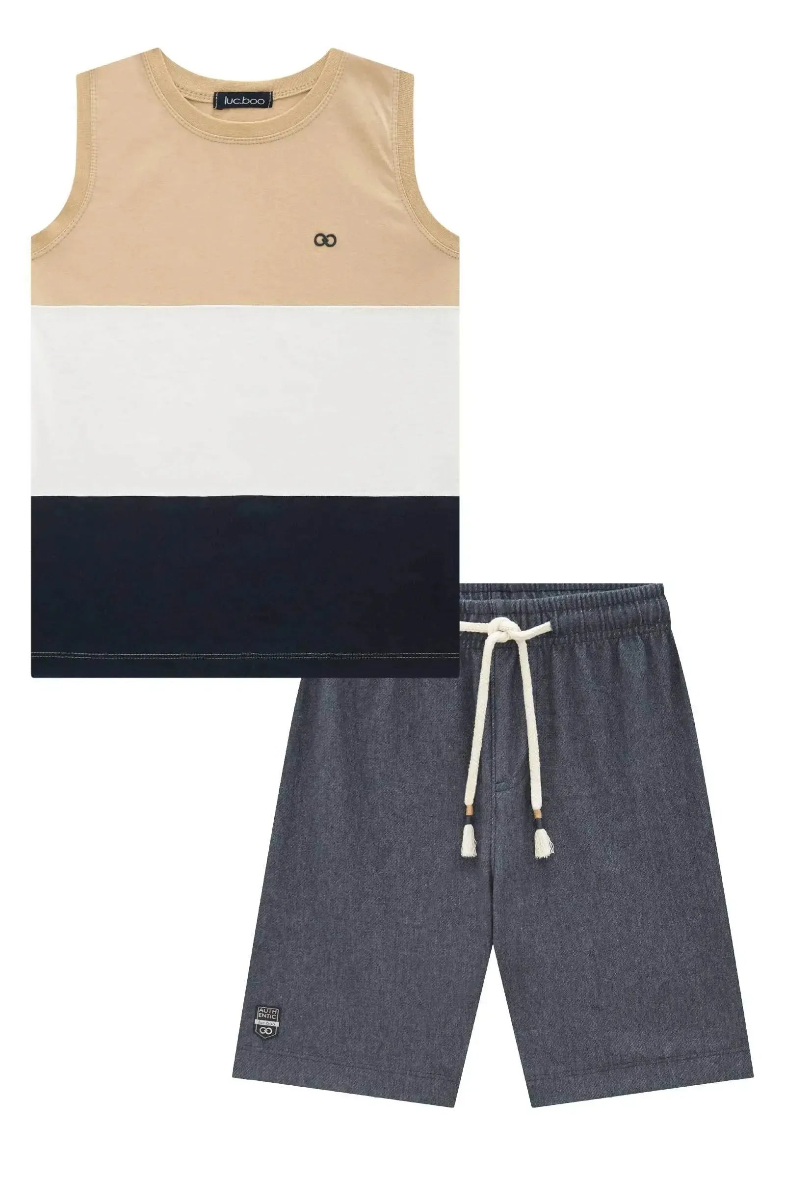 Conjunto de Regata em Meia Malha e Bermuda em Cotton Jeans com Elastano 97111 LucBoo Infantil Menino