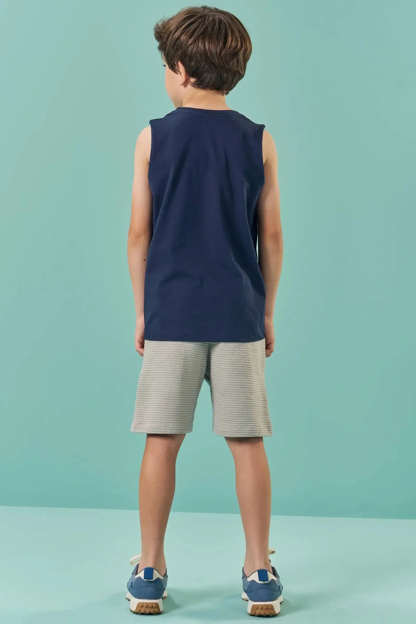 Conjunto de Regata em Meia Malha e Bermuda em Malha Dublada Relevo 82893 LucBoo Infantil Menino