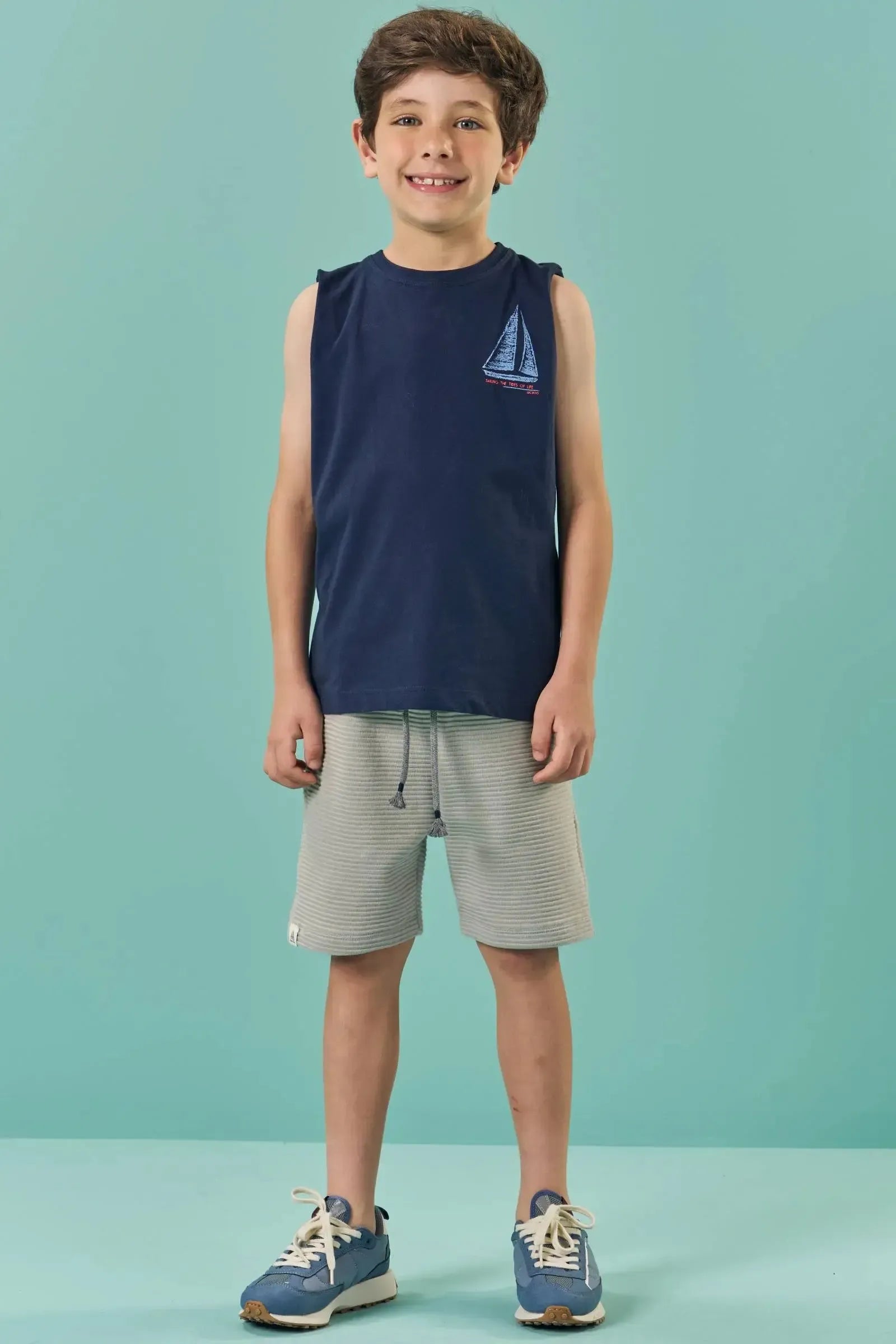Conjunto de Regata em Meia Malha e Bermuda em Malha Dublada Relevo 82893 LucBoo Infantil Menino