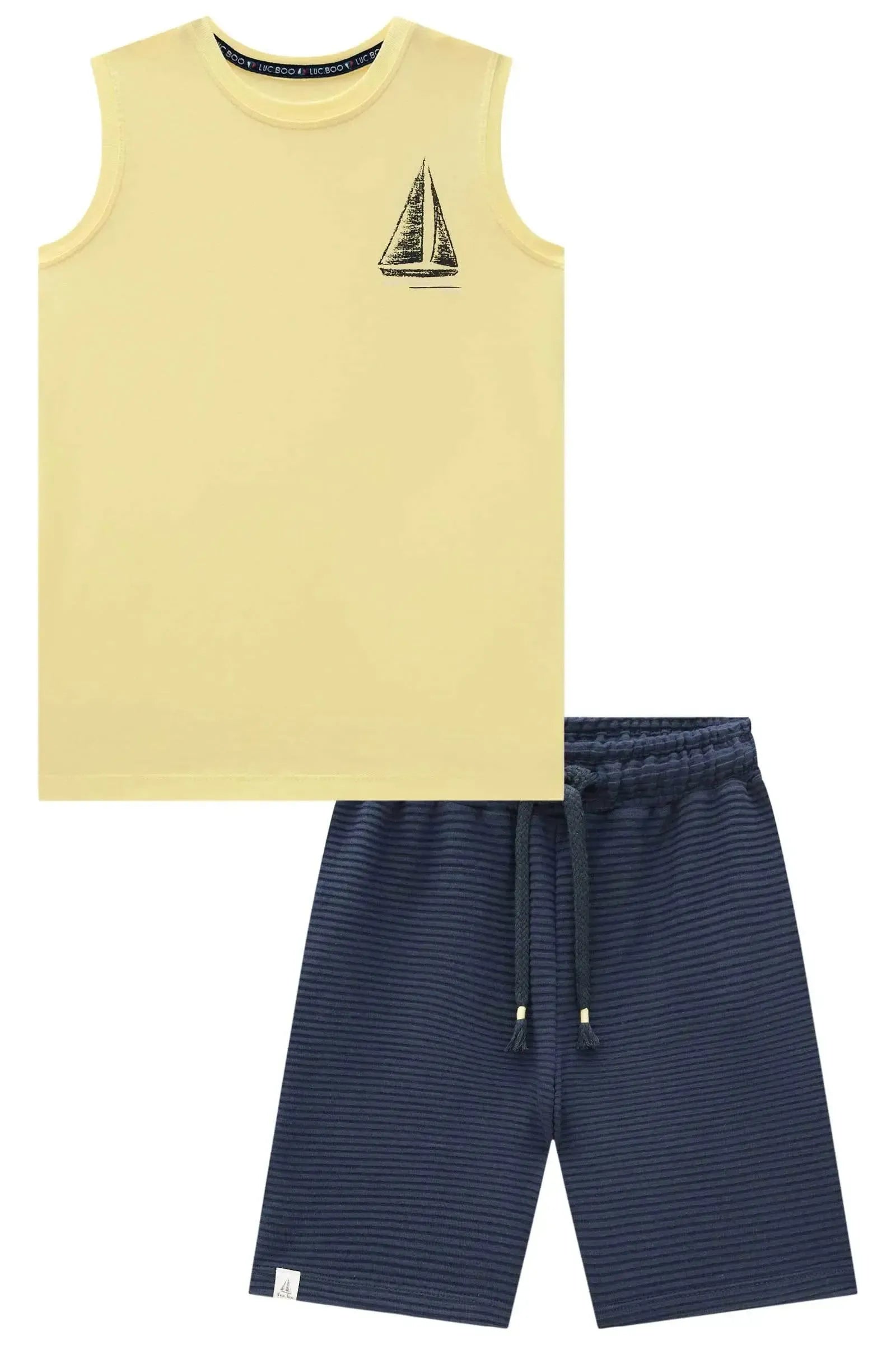 Conjunto de Regata em Meia Malha e Bermuda em Malha Dublada Relevo 82893 LucBoo Infantil Menino
