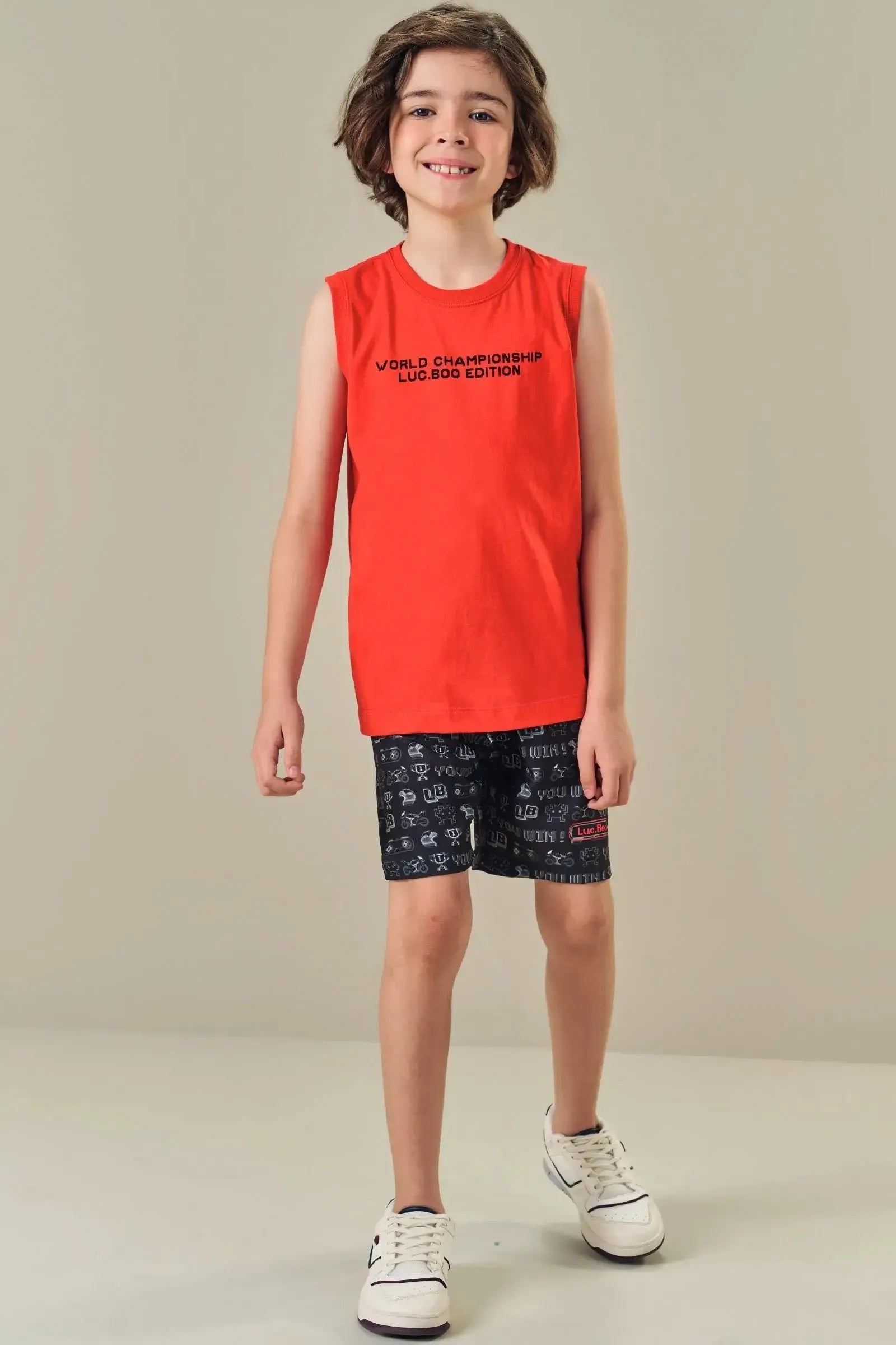 Conjunto de Regata em Meia Malha e Bermuda em Nylon Ergonomic com Elastano 84505 LucBoo Infantil Menino