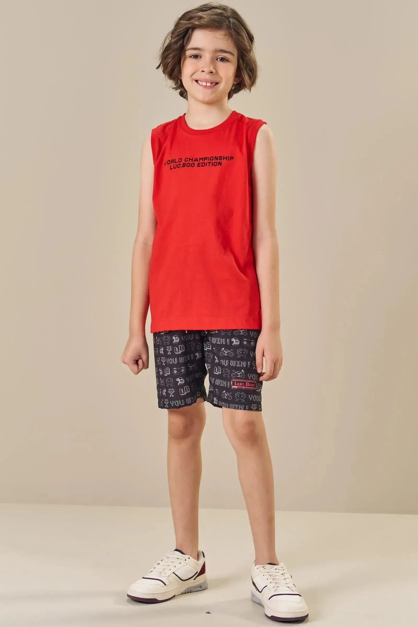 Conjunto de Regata em Meia Malha e Bermuda em Nylon Ergonomic com Elastano 84505 LucBoo Infantil Menino