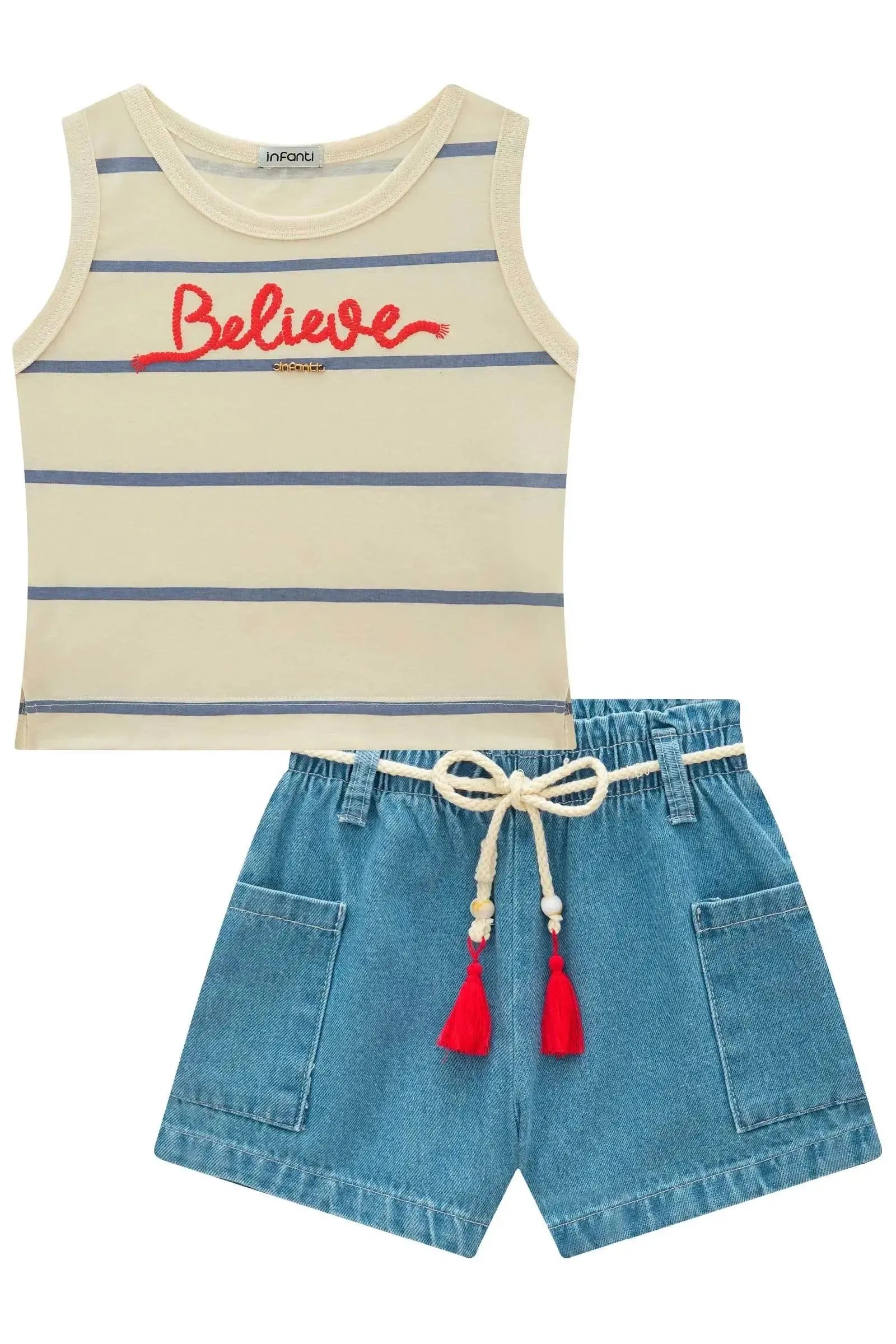 Conjunto de Regata em Meia Malha e Shorts em Jeans Wishita 98892 Infanti Infantil Menina