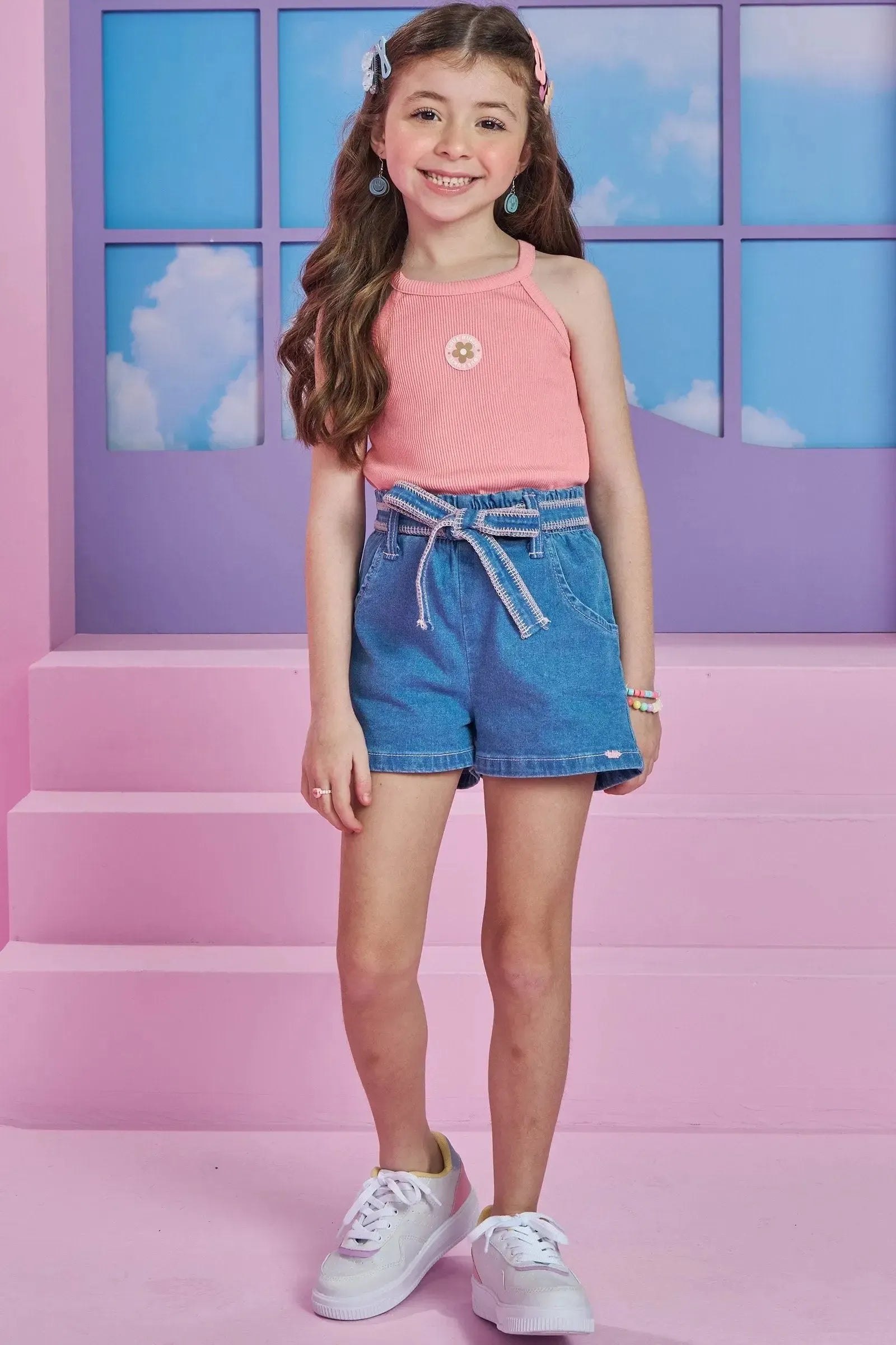 Conjunto de Regata em Soft Line e Shorts em Jeans com Elastano 93693 Kukiê Infantil Menina
