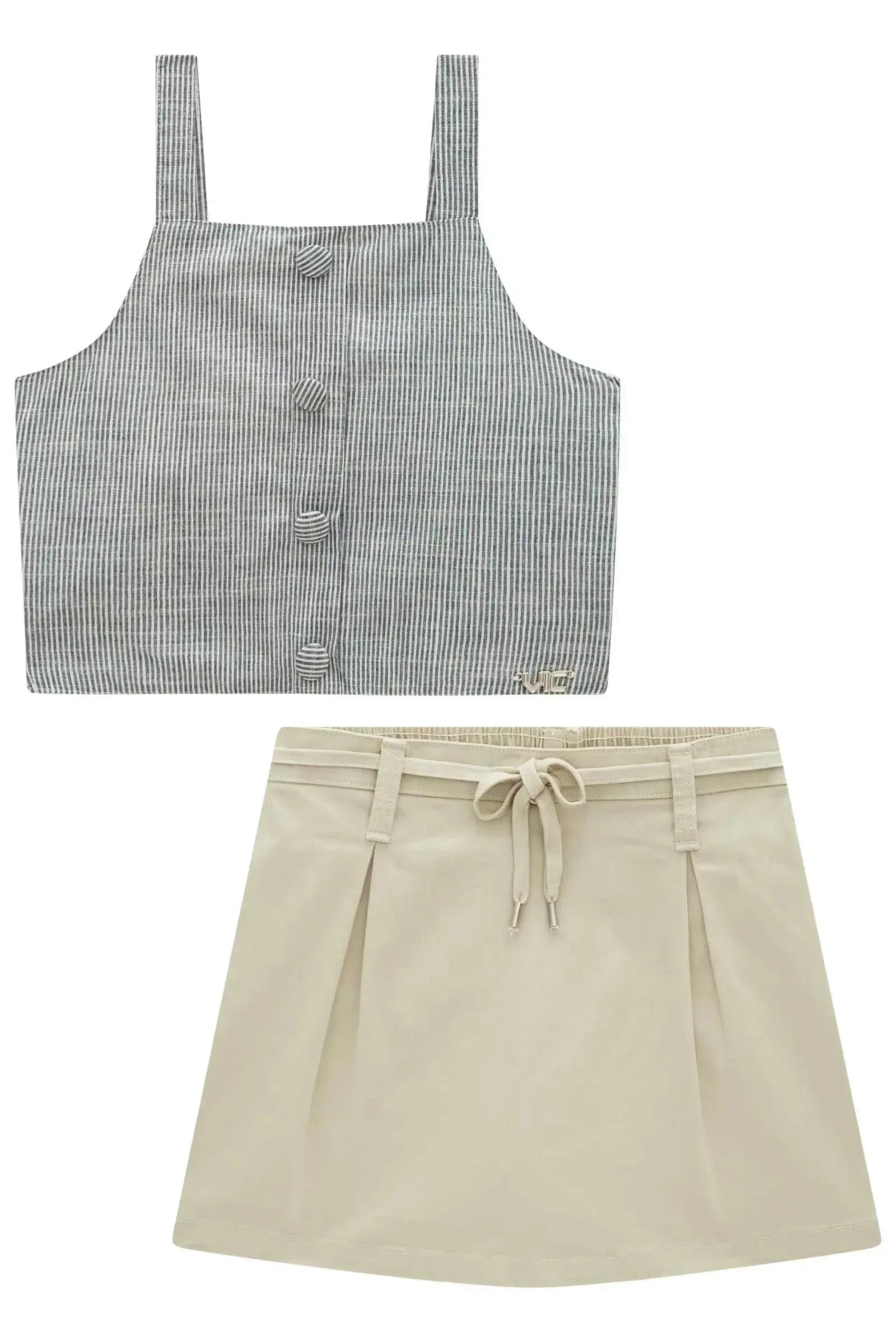 Conjunto de Regata em Tecido Listrado e Short Saia em Sarja com Elastano 98909 Vic Teen Menina