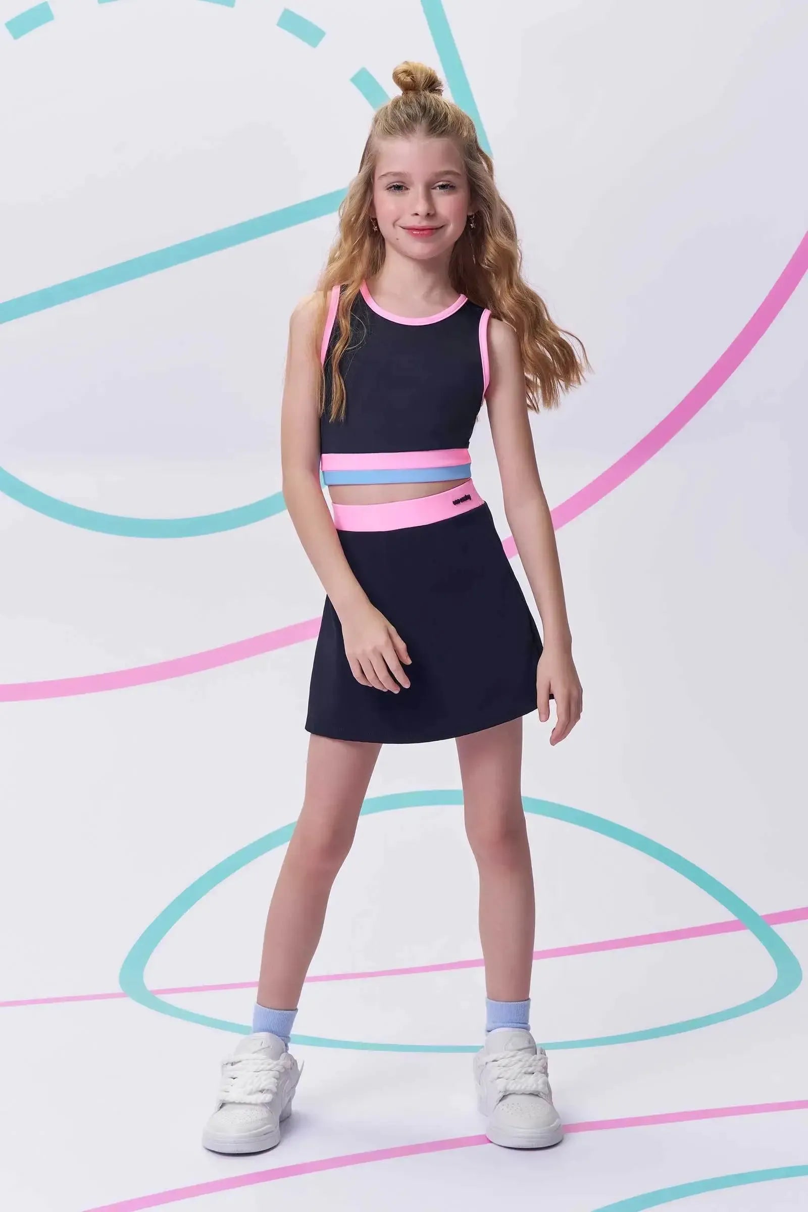 Conjunto de Top Cropped e Short Saia em Malha Poliamida UV50 96533 Vic&Vicky Teen Menina
