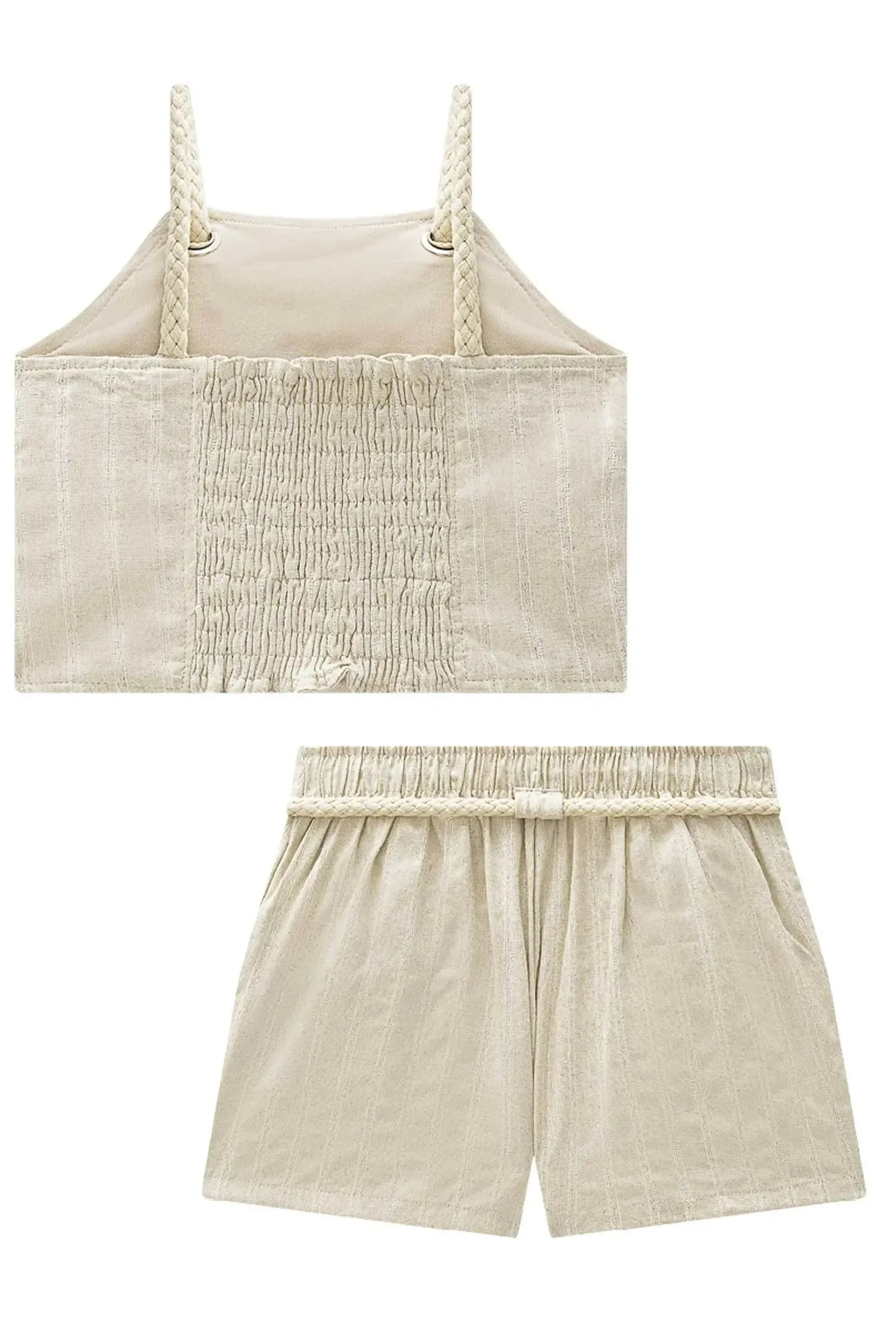 Conjunto de Top Cropped e Shorts em Linho Bordado Prata 86696 Vic&Vicky Teen Menina