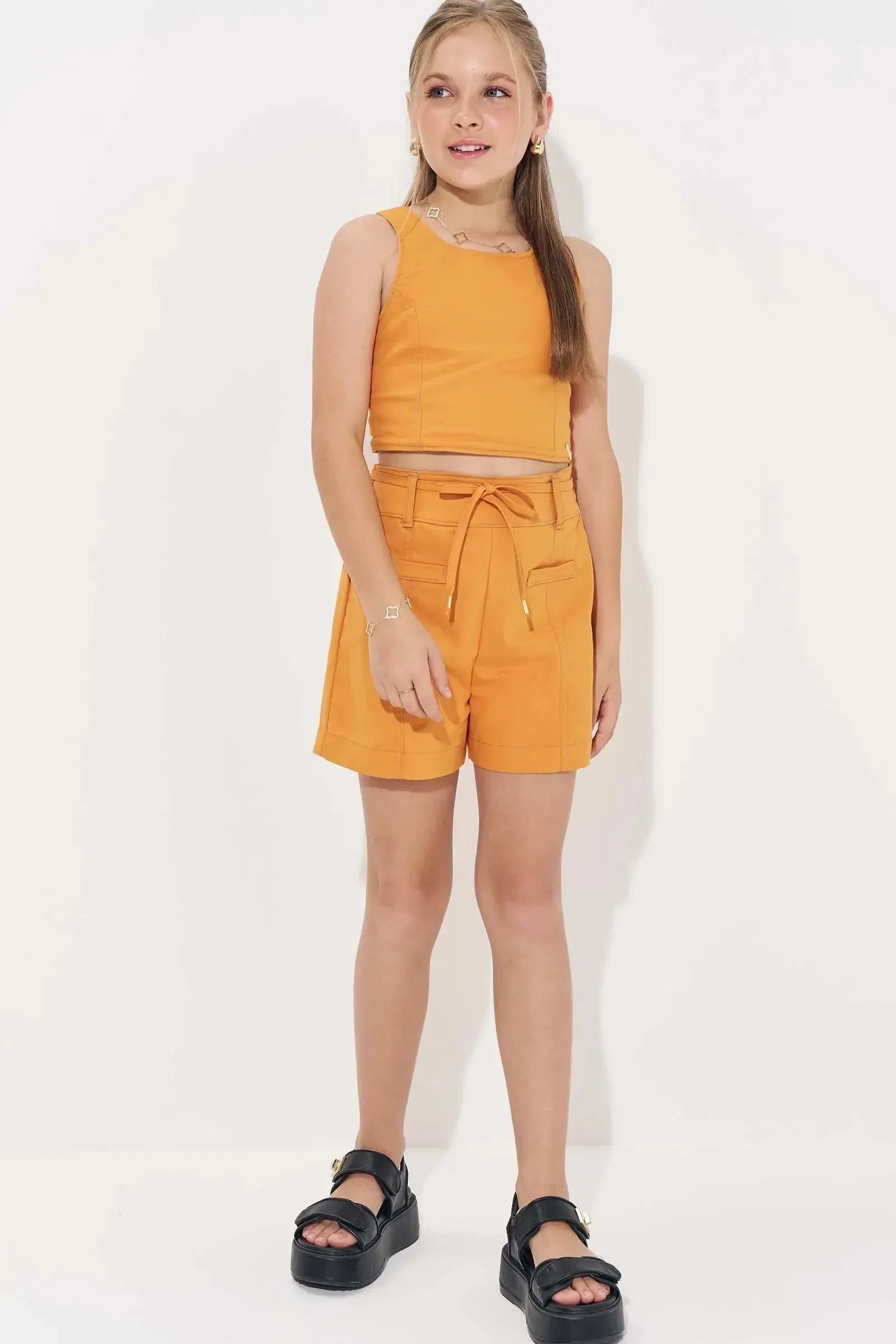 Conjunto de Top Cropped e Shorts em Sarja com Elastano 84971 Vic&Vicky Teen Menina