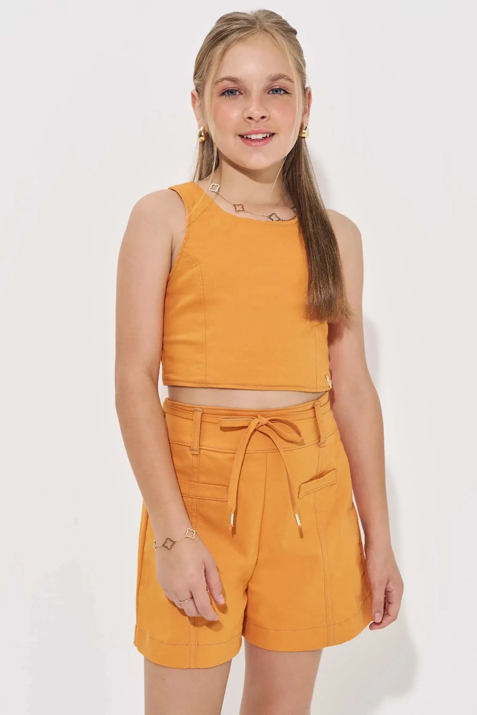 Conjunto de Top Cropped e Shorts em Sarja com Elastano 84971 Vic&Vicky Teen Menina