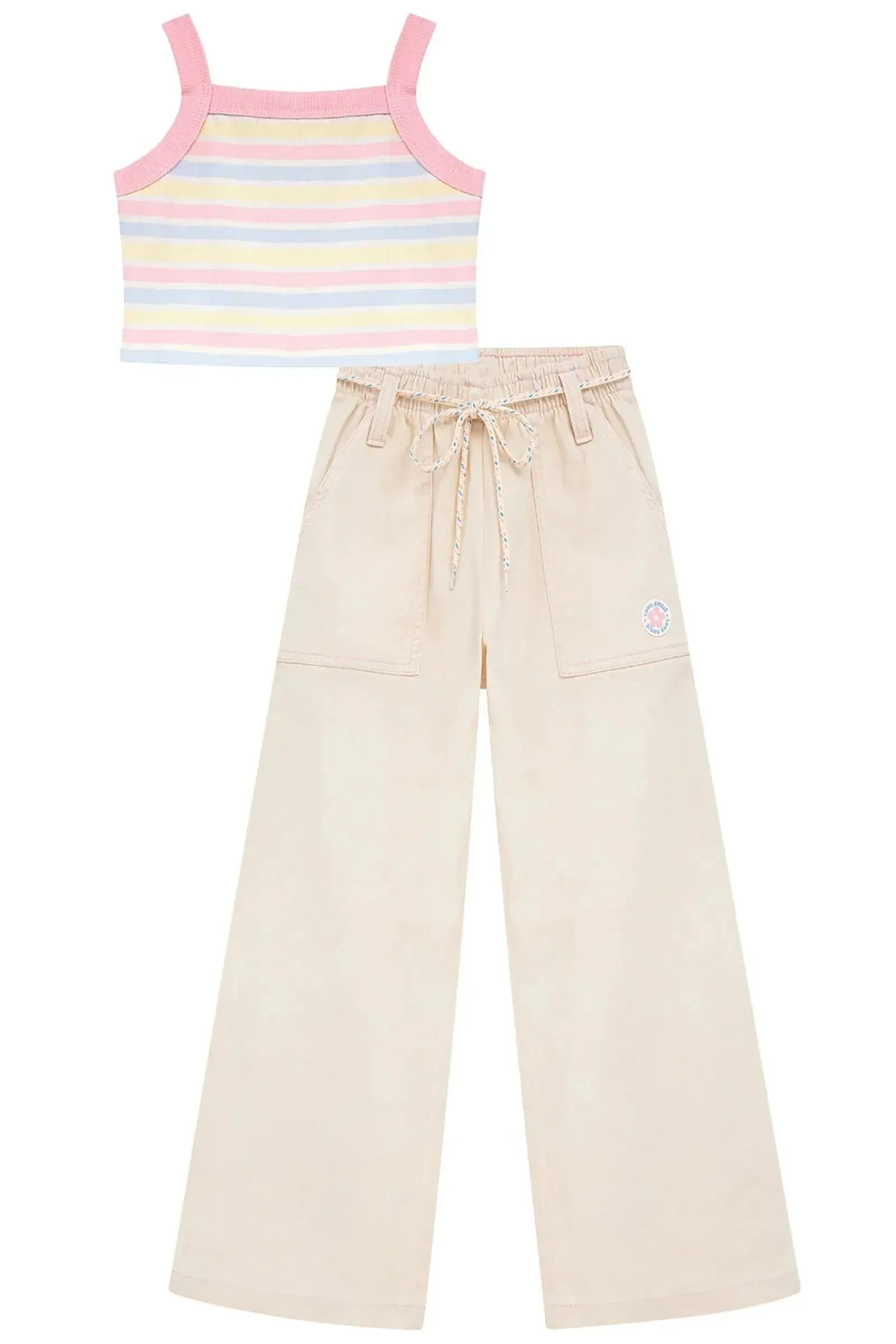 Conjunto de Top Cropped em Canelado e Calça em Sarja com Elastano 97129 Kukiê Infantil Menina