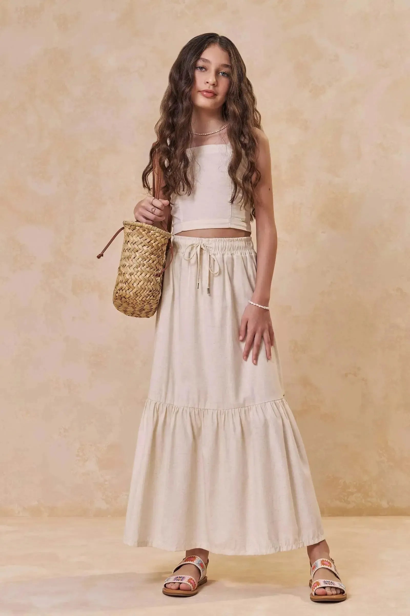 Conjunto de Top e Saia Midi em Linho Deluxe 95513 Lilimoon Teen Menina
