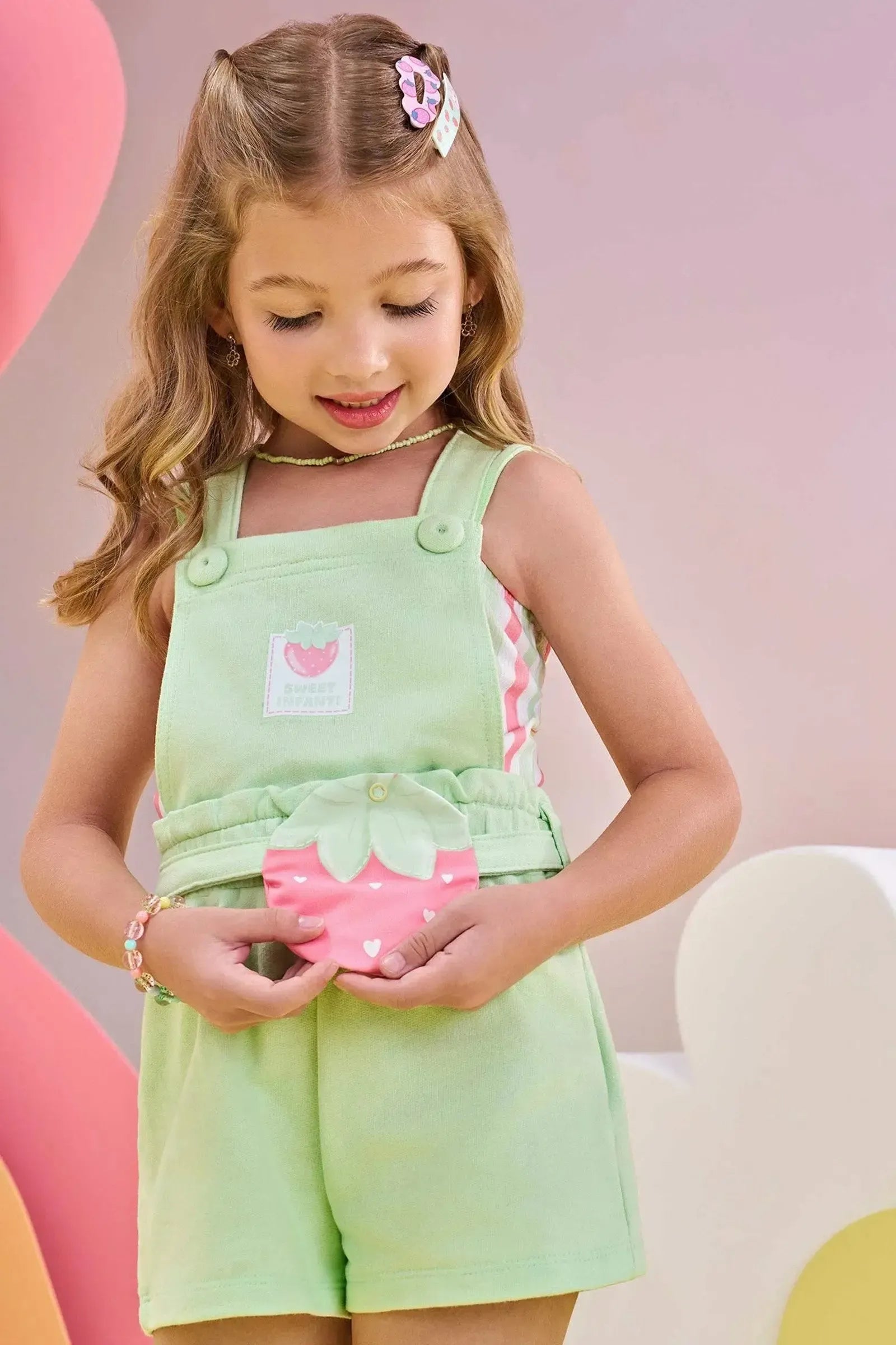 Conjunto de Top em Ribana Fancy e Jardineira em Moletom 83514 Infanti Infantil Menina