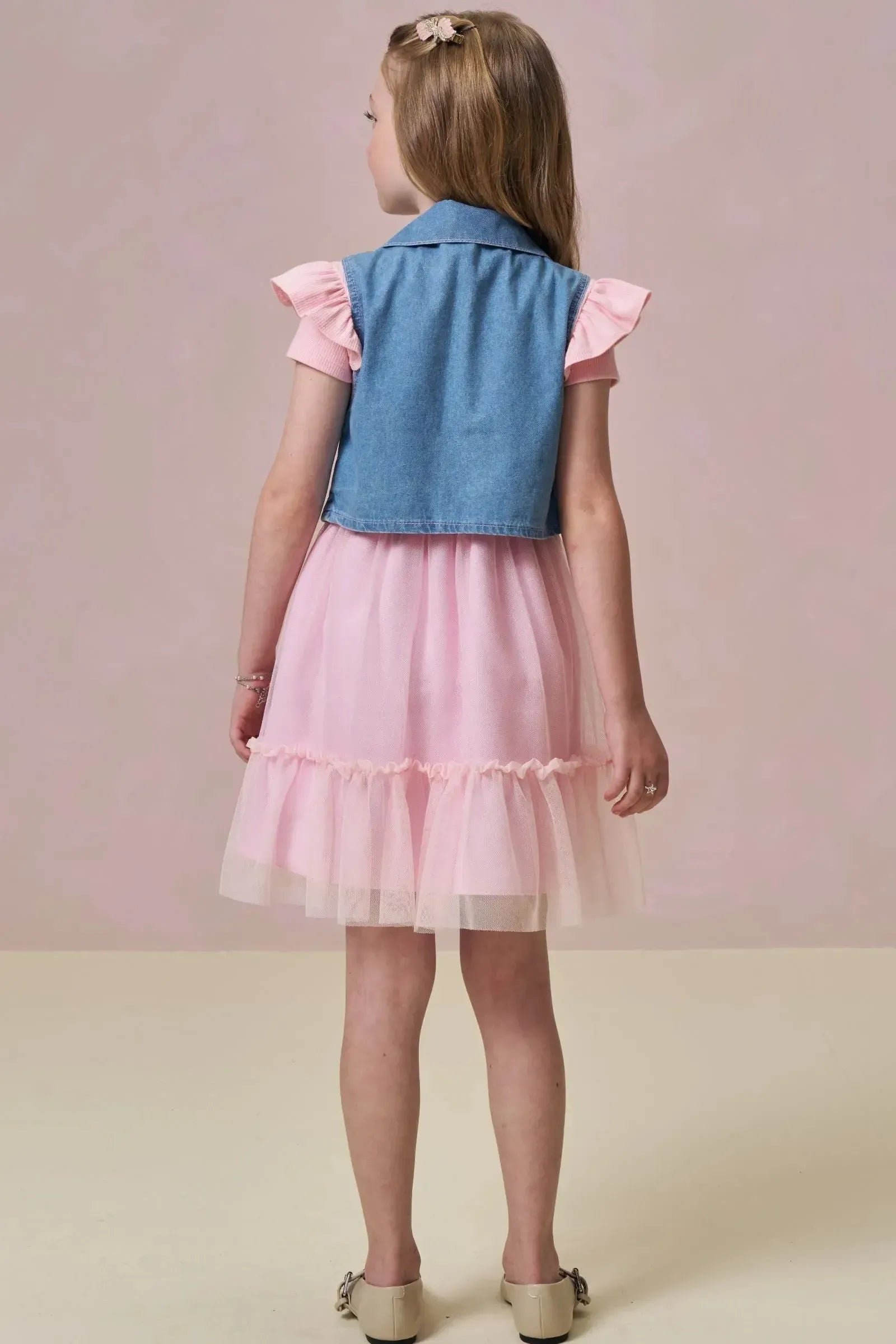 Conjunto de Vestido em Canelado Liz e Tule com Elastano e Colete em Jeans 97252 Infanti Infantil Menina