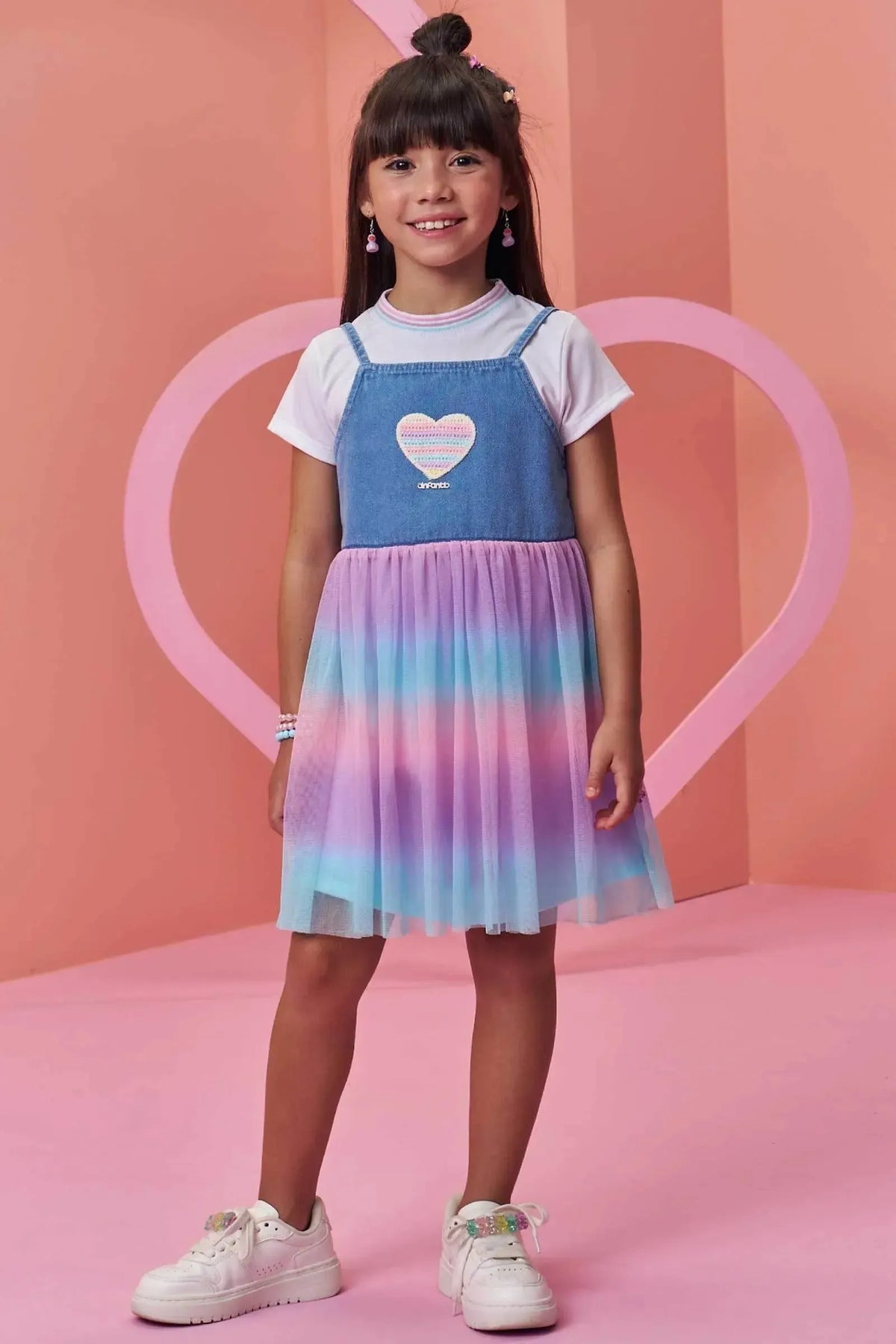 Conjunto de Vestido em Malha Power e Sobreposição em Jeans e Tule 97953 Infanti Infantil Menina