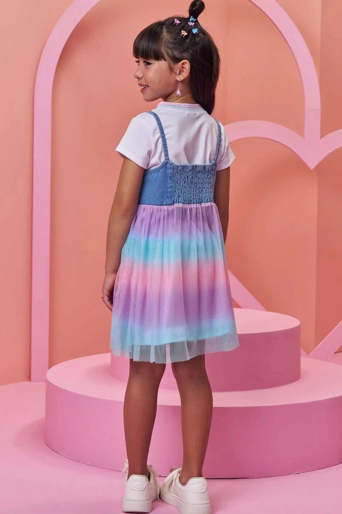 Conjunto de Vestido em Malha Power e Sobreposição em Jeans e Tule 97953 Infanti Infantil Menina