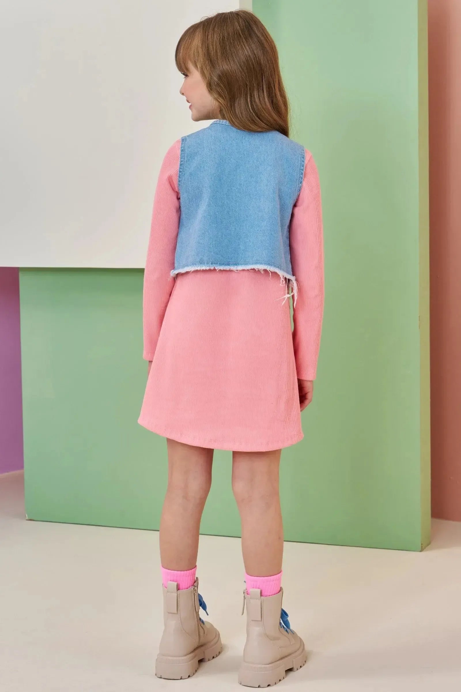 Conjunto de Vestido em Malha Soft Line e Colete em Jeans Askansas 90830 Infanti Infantil Menina