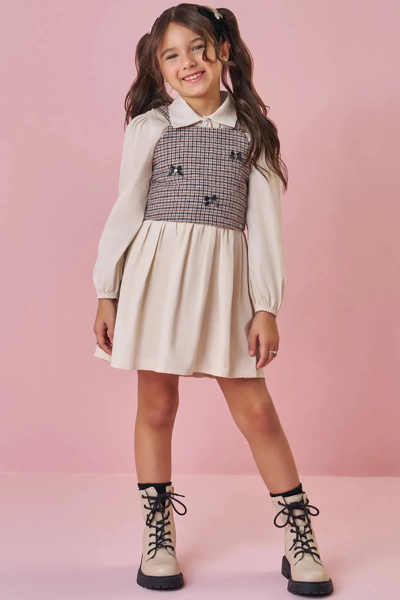 Conjunto de Vestido em Tricoline Mônaco e Colete em Flanela Zurique 92494 Kukiê Infantil Menina