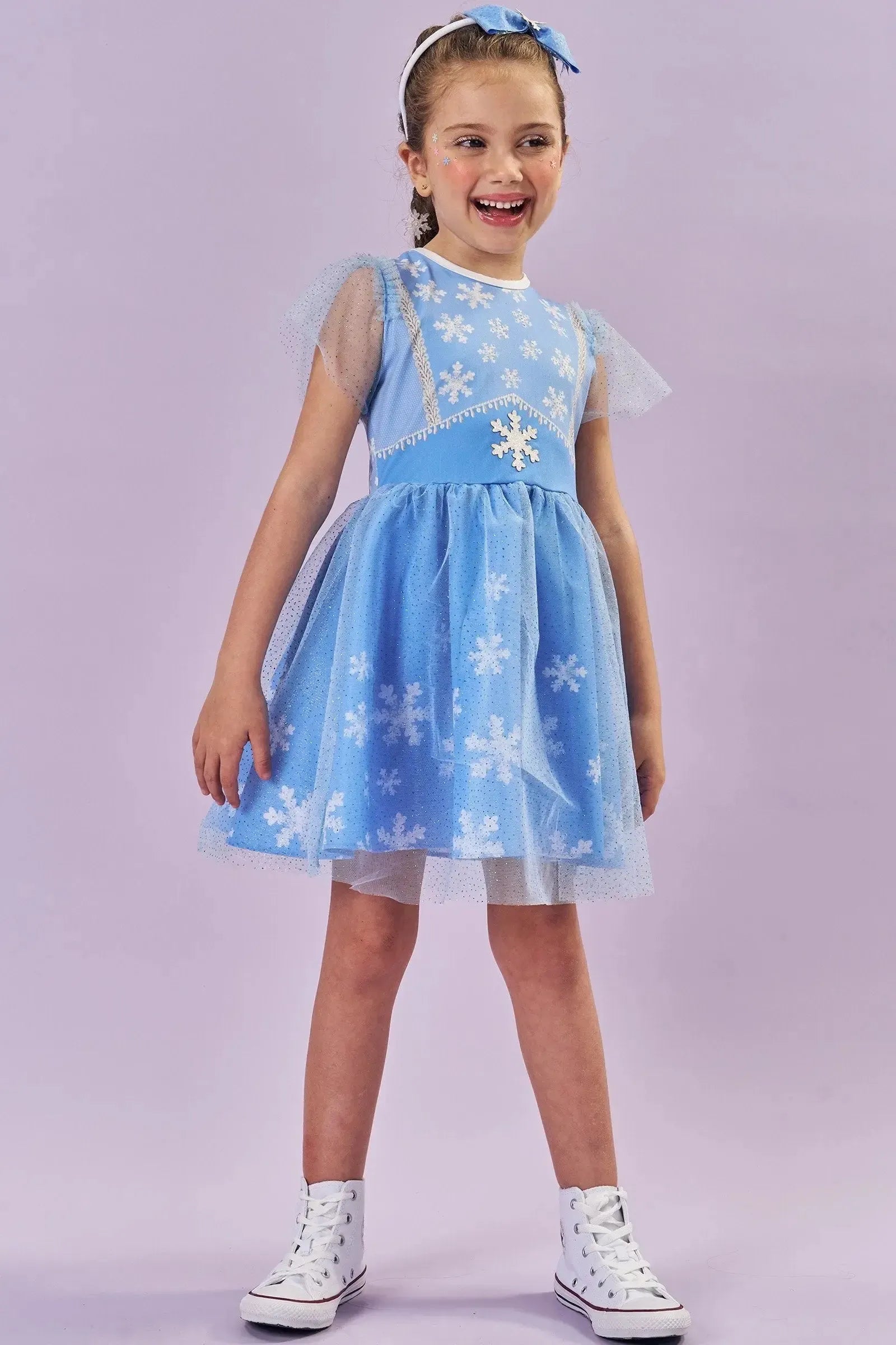 Fantasia de Princesa Do Gelo (Vestido em Malha UV e Tule Brilho - Acompanha Arco) 85886 Kukiê Infantil Menina
