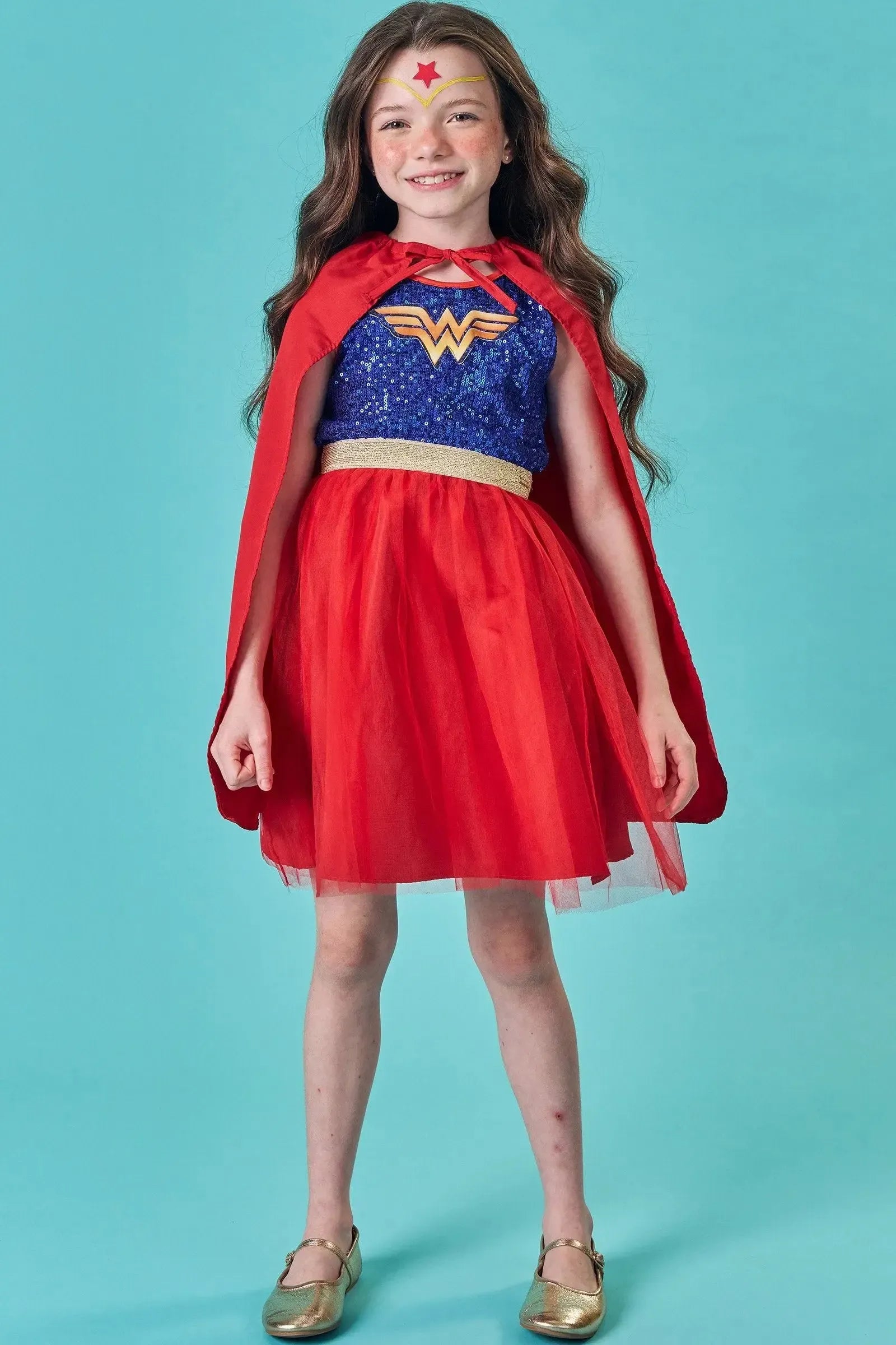 Fantasia de Super-heroína em Paetê e Tule. Acompanha Capa 85839 Infanti Infantil Menina