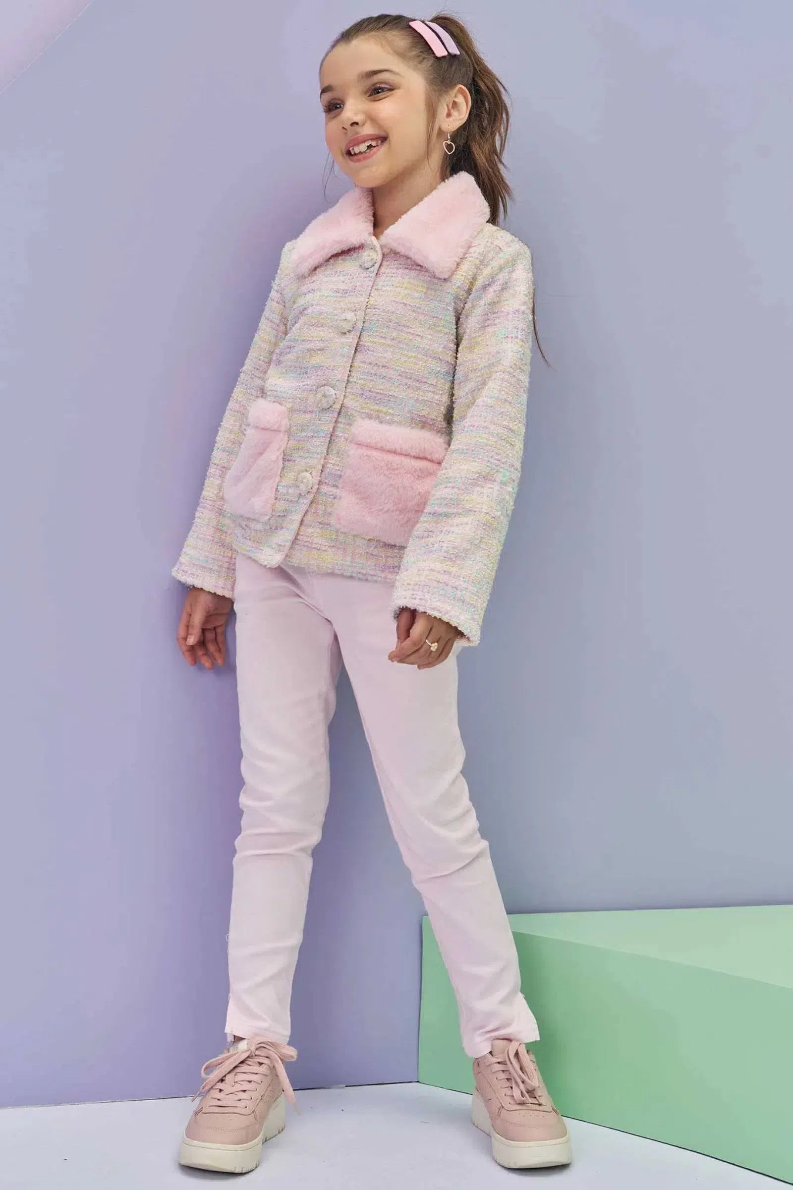 Jaqueta em Malha Tweed Firenzi e Pelo 80122 Infanti Infantil Menina