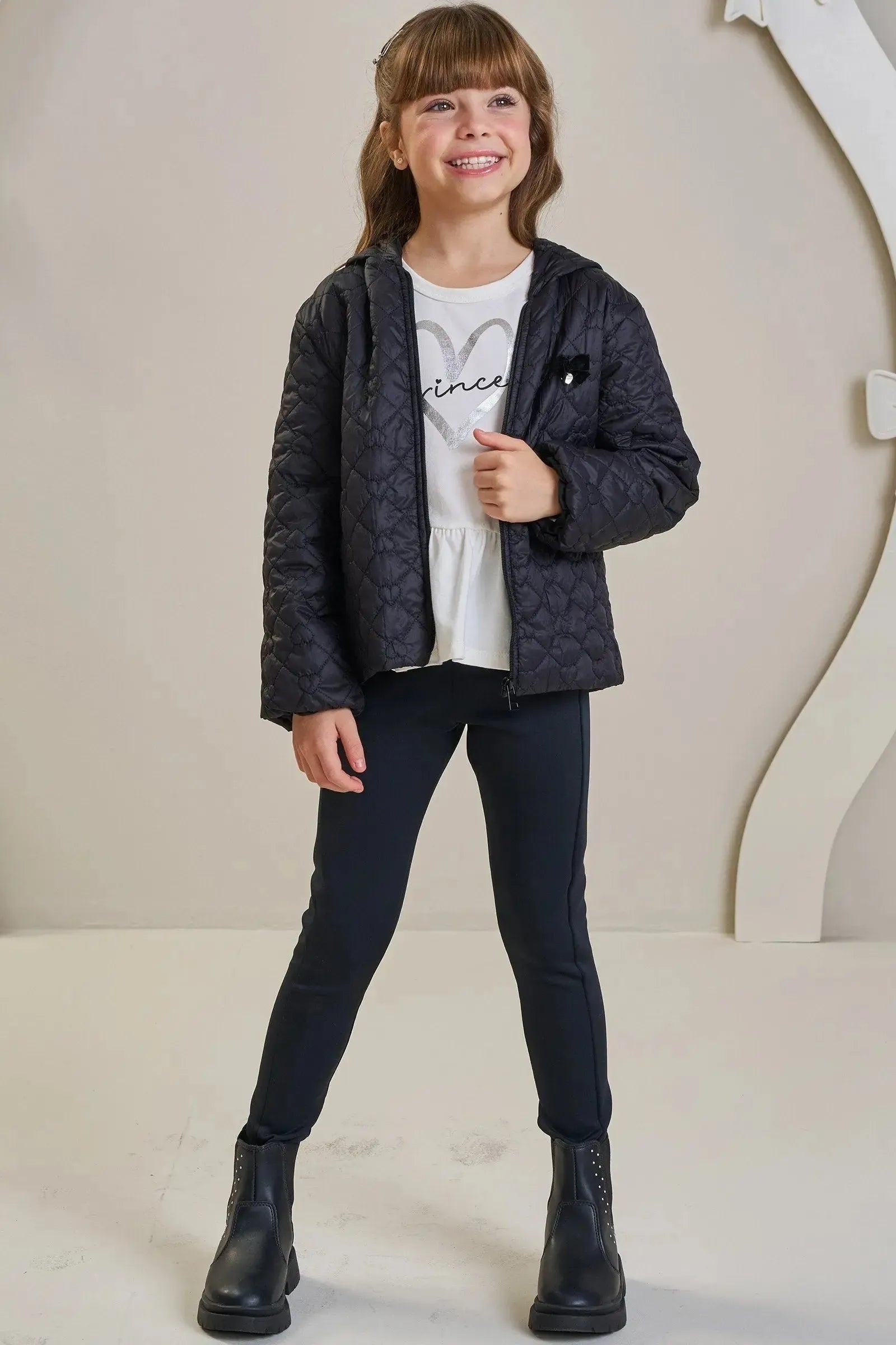 Jaqueta em Nylon Matelassê de Coração 92149 Infanti Infantil Menina