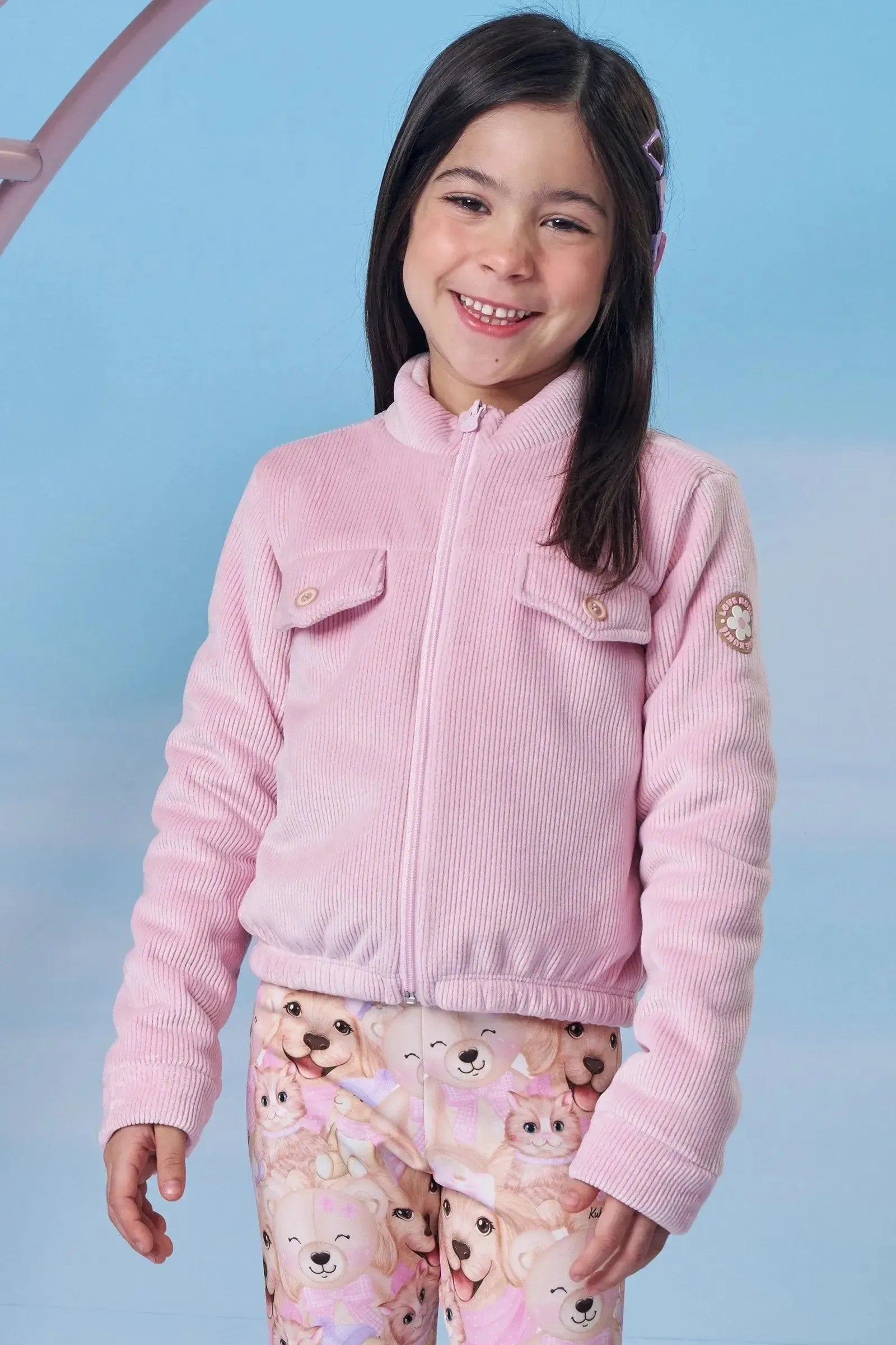 Jaqueta em Veludo Cotelê Dublada com Pelo Carneirinho 90277 Kukiê Infantil Menina