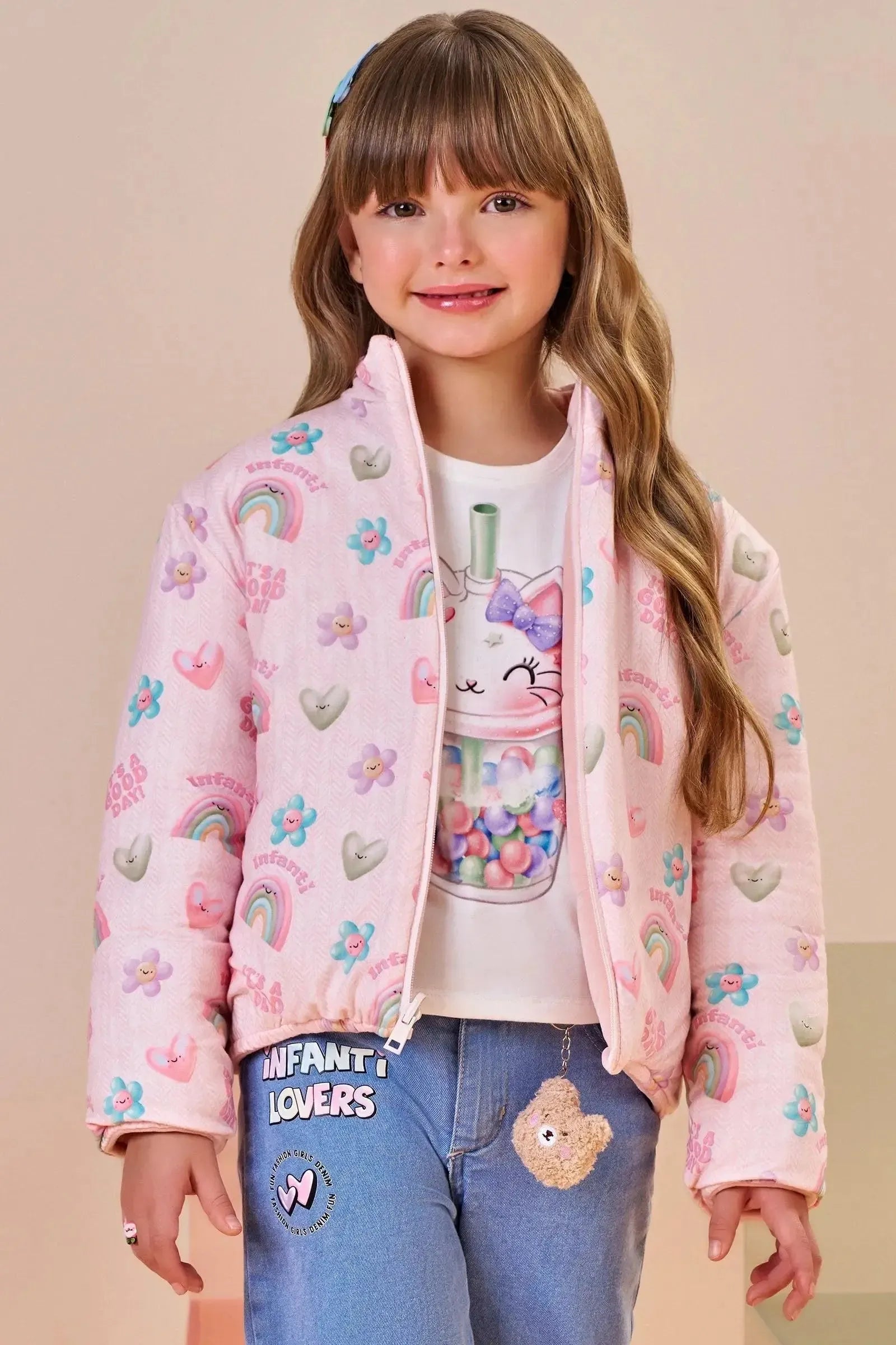 Jaqueta Puffer Reversível em Veludo com Elastano e Malha Comfy 89666 Infanti Infantil Menina