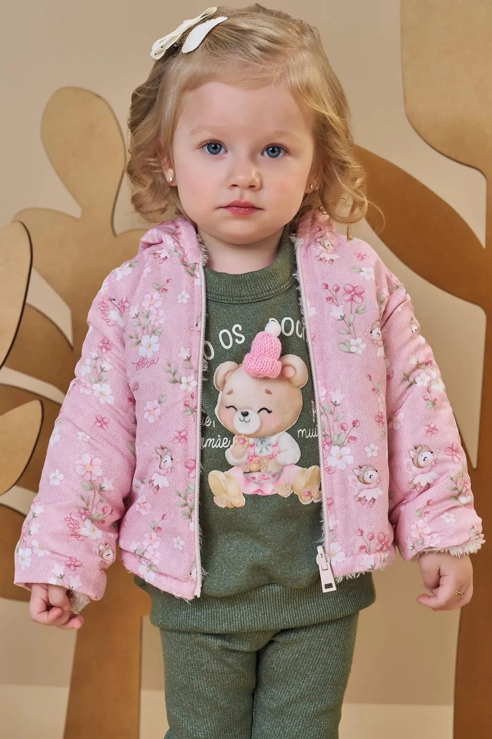 Jaqueta Reversível em Nylon e Pelo Carneirinho Dublado 89657 Infanti Bebê Menina