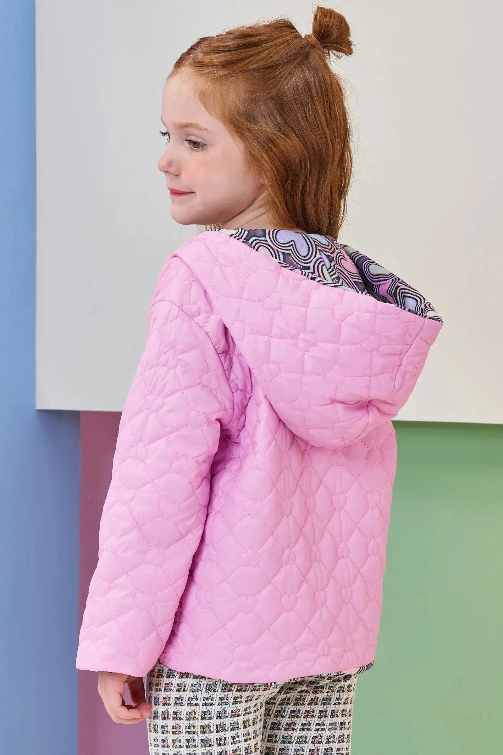 Jaqueta Reversível em Nylon Matelassê de Coração e Malha Comfy 92159 Infanti Infantil Menina