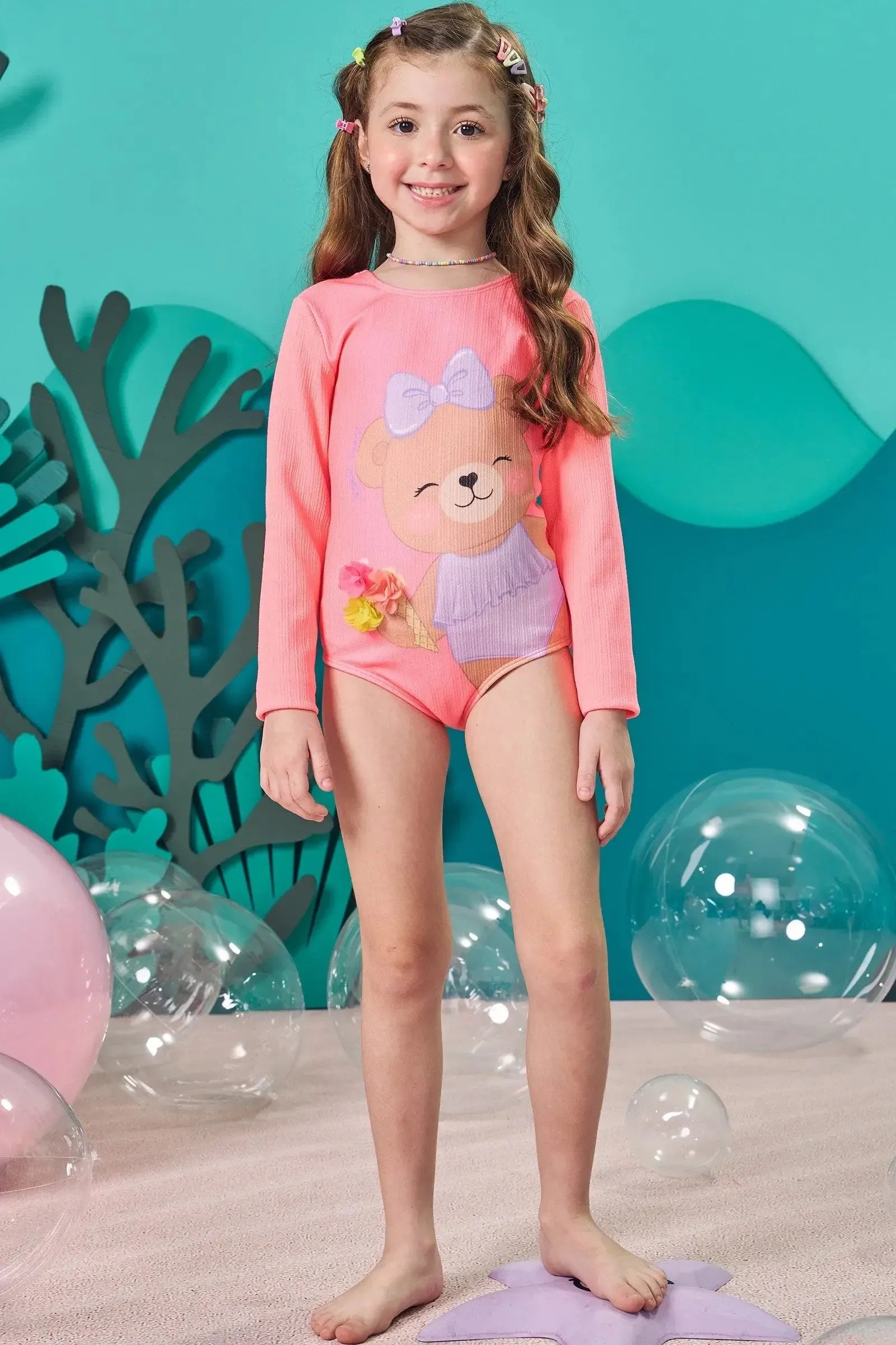 Maiô em Malha Jacquard Textura com Proteção UV 50+ 83577 Kukiê Infantil Menina