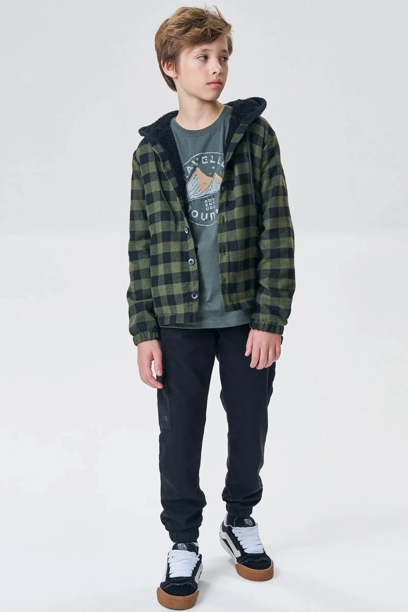 Overshirt em Flanela Xadrez Forro em Carneirinho e Capuz em Moletom com Pelúcia 90949 Johnny Fox Teen Menino