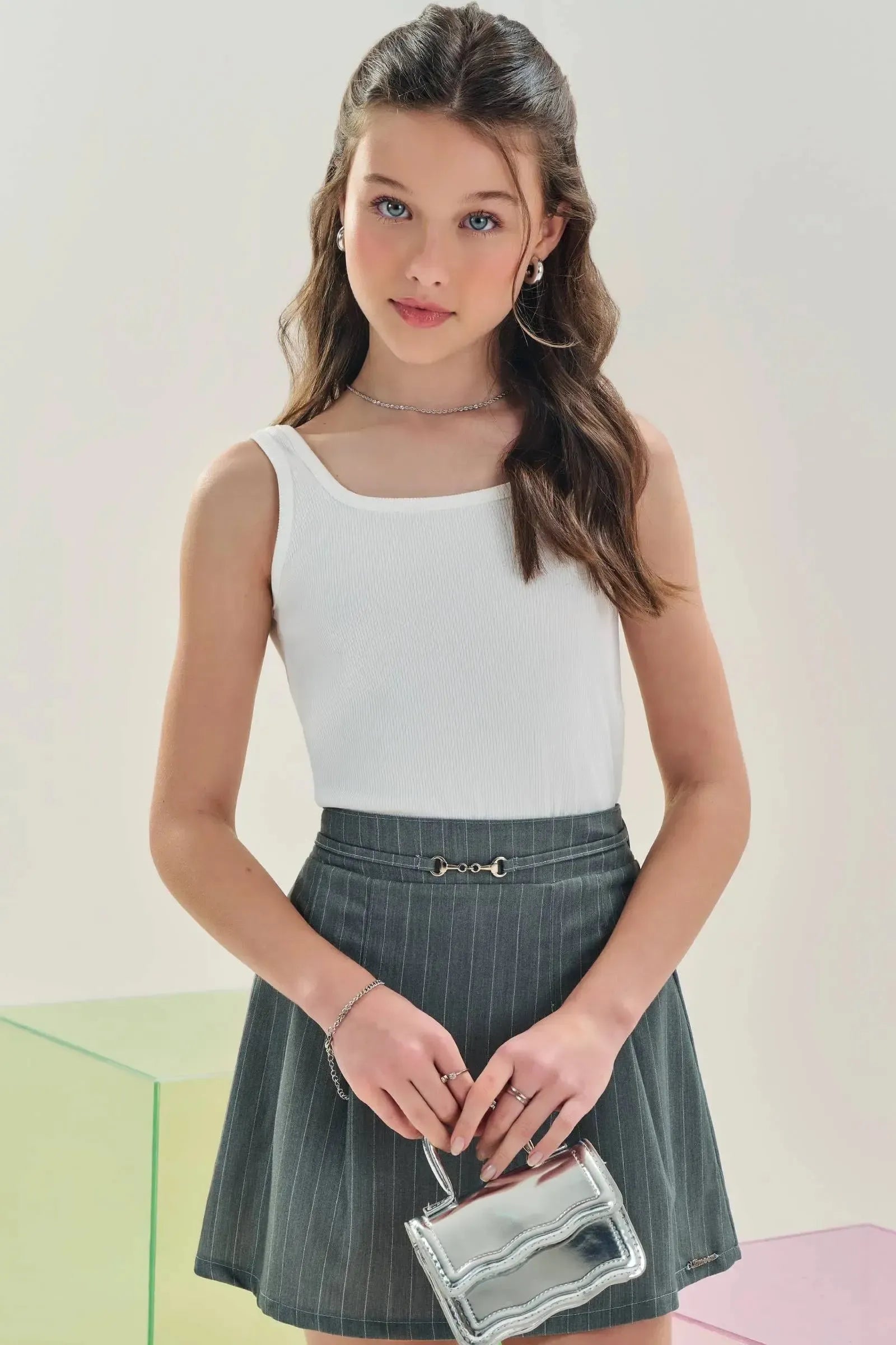 Saia em Tecido Plano Risca de Giz com Shorts Embutido 83193 Lilimoon Teen Menina