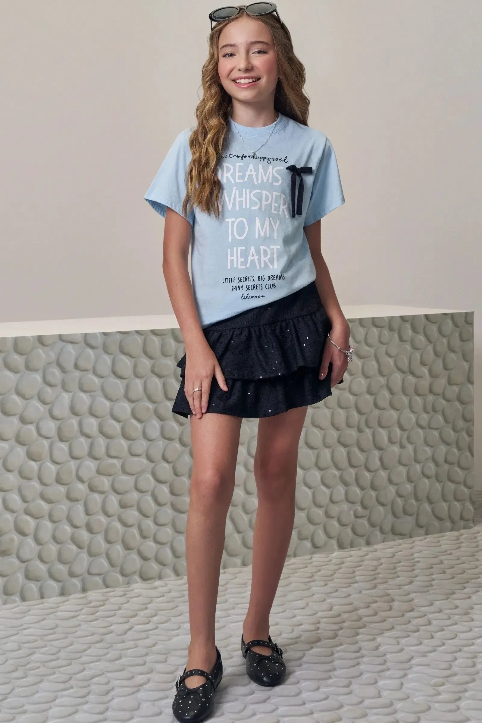 Saia Ruffle em Anarruga Bordada Paetê com Shorts Embutido 98166 Lilimoon Teen Menina