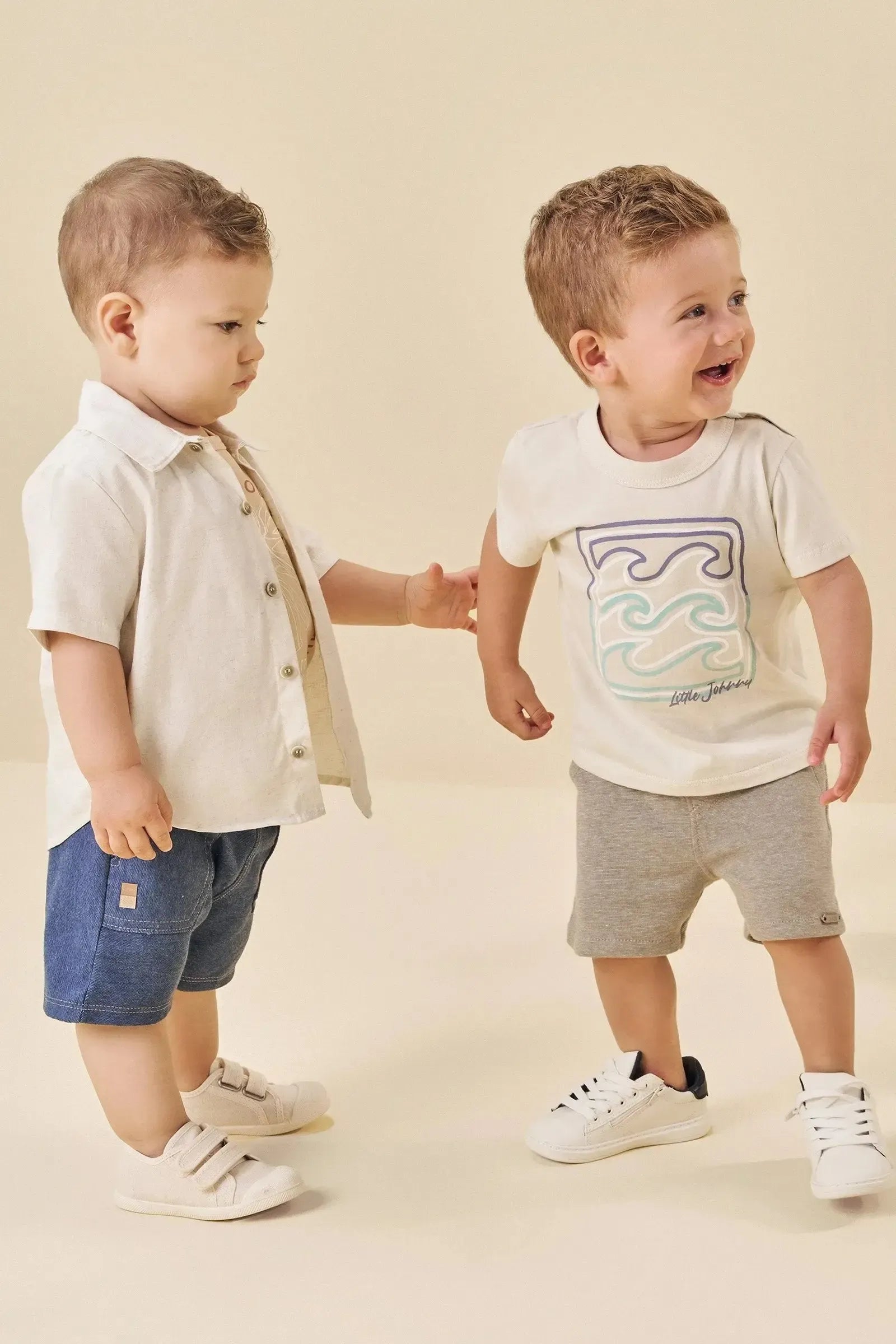 Trio Camisa em Linho Deluxe Camiseta em Meia Malha Bermuda em Cotton Jeans com Elastano 84949 Johnny Fox Bebê Menino