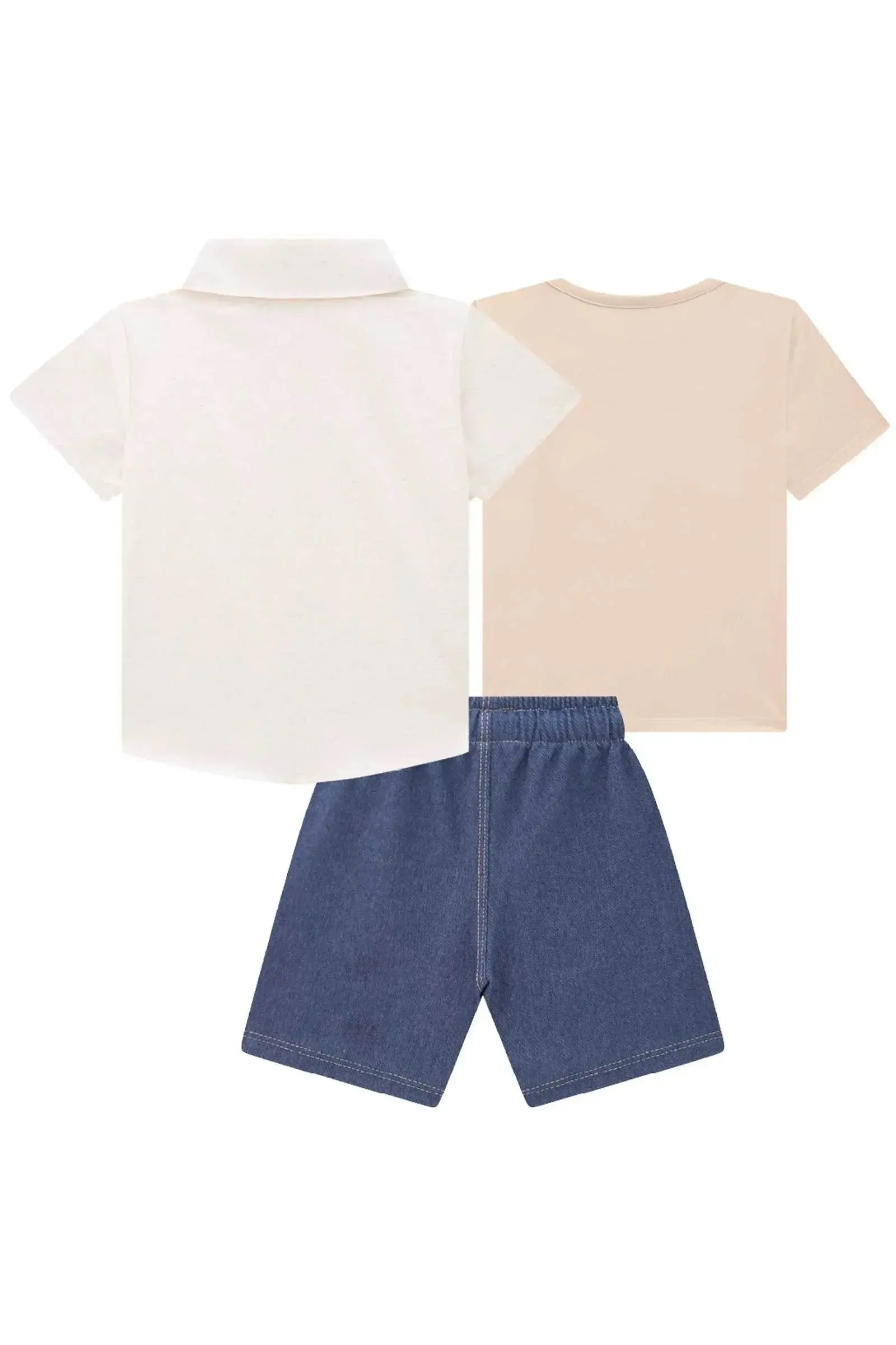 Trio Camisa em Linho Deluxe Camiseta em Meia Malha Bermuda em Cotton Jeans com Elastano 84949 Johnny Fox Bebê Menino