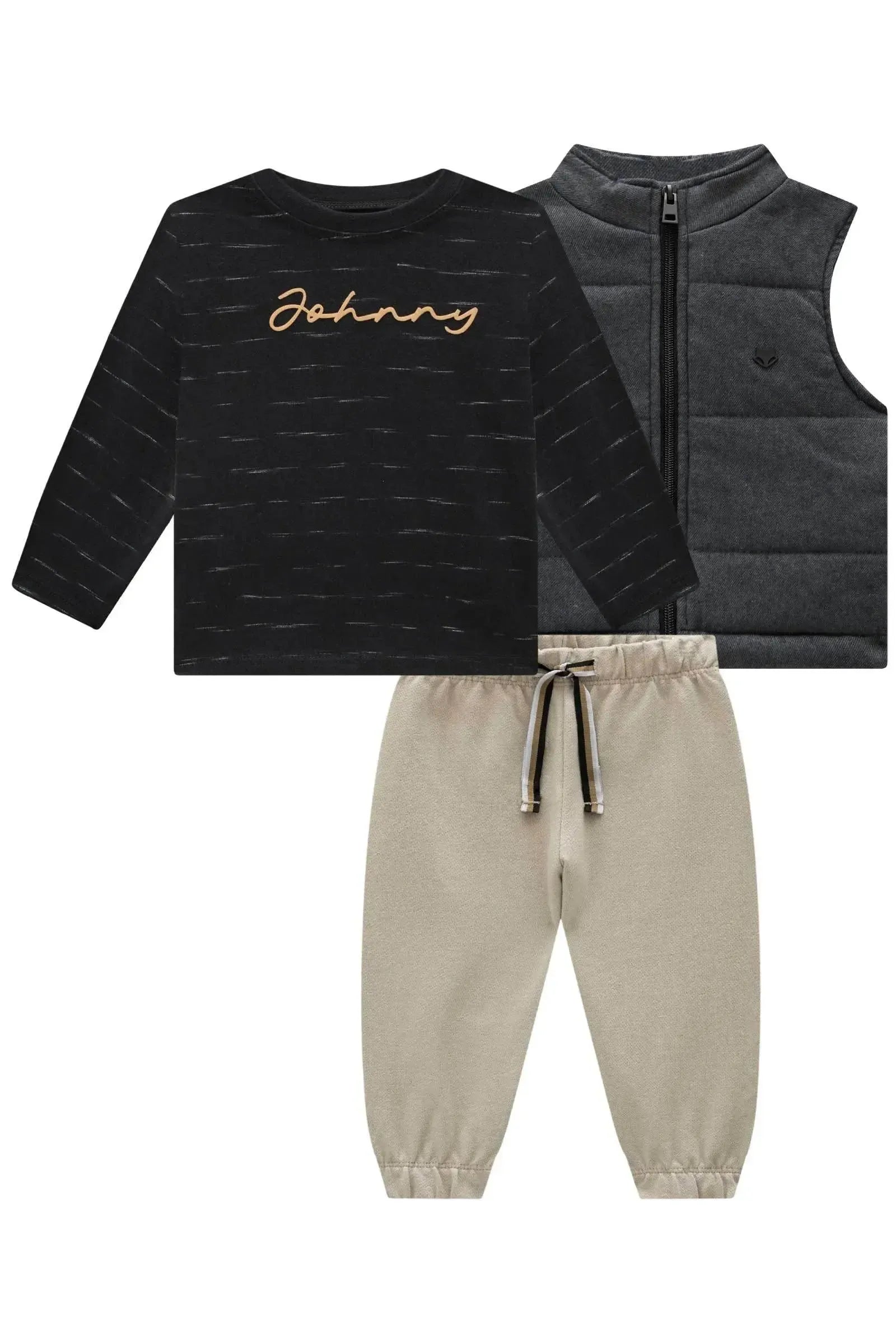 Trio Camiseta Malha Jet Colete em Flanela Melange e Calça Jogger em Moletom com Pelúcia 92704 Johnny Fox Bebê Menino