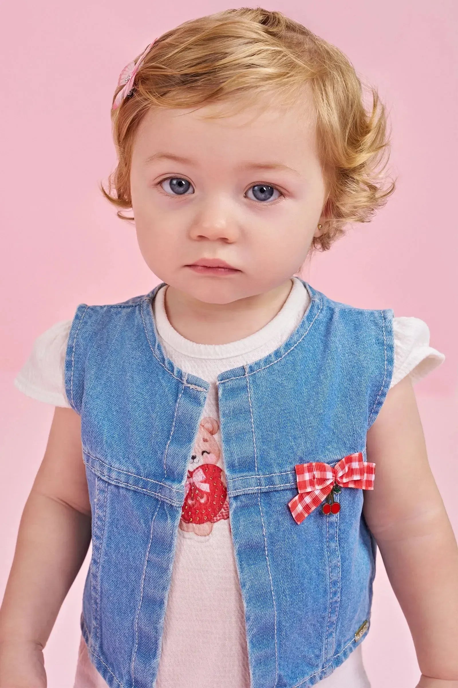 Trio de Bata em Malha Wave com Calça Legging em Molecotton e Colete em Jeans Arkansas 83940 Infanti Bebê Menina