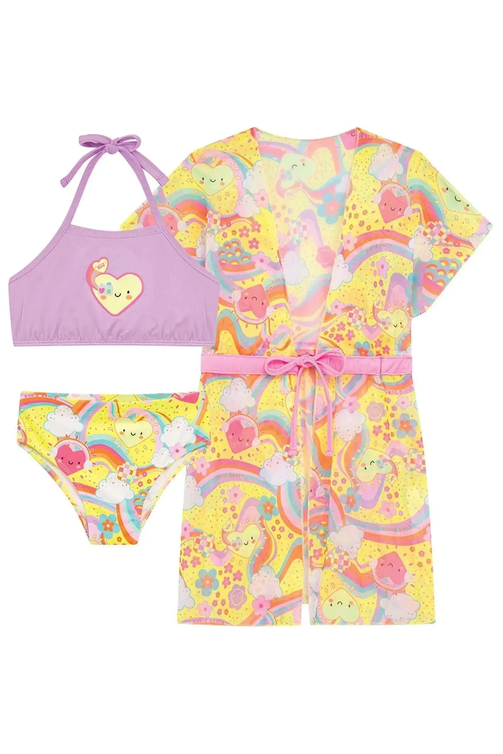 Trio de Biquíni e Calcinha em Malha com Proteção UV50+ e Saída de Praia em Tule 96538 Kukiê Infantil Menina