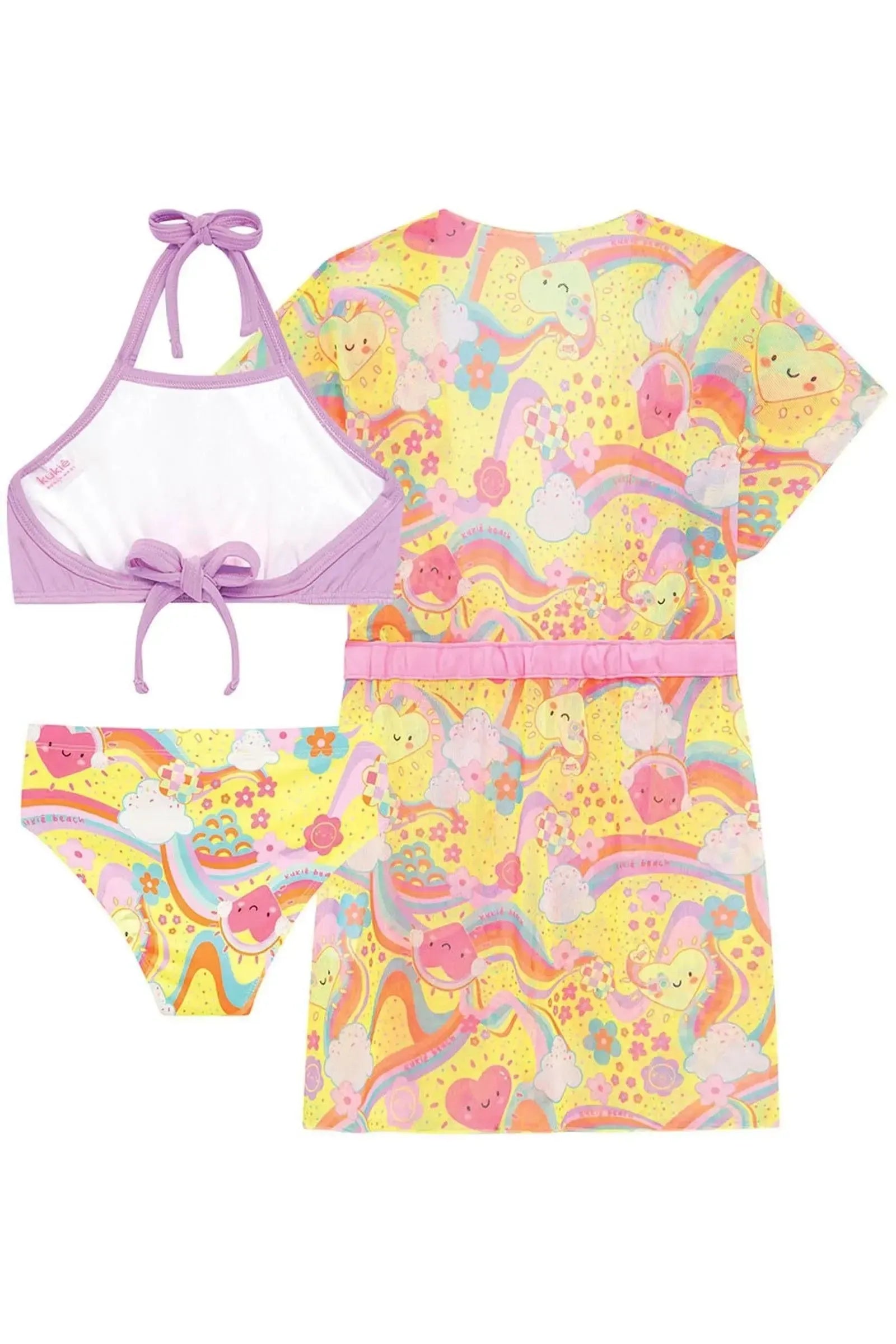 Trio de Biquíni e Calcinha em Malha com Proteção UV50+ e Saída de Praia em Tule 96538 Kukiê Infantil Menina