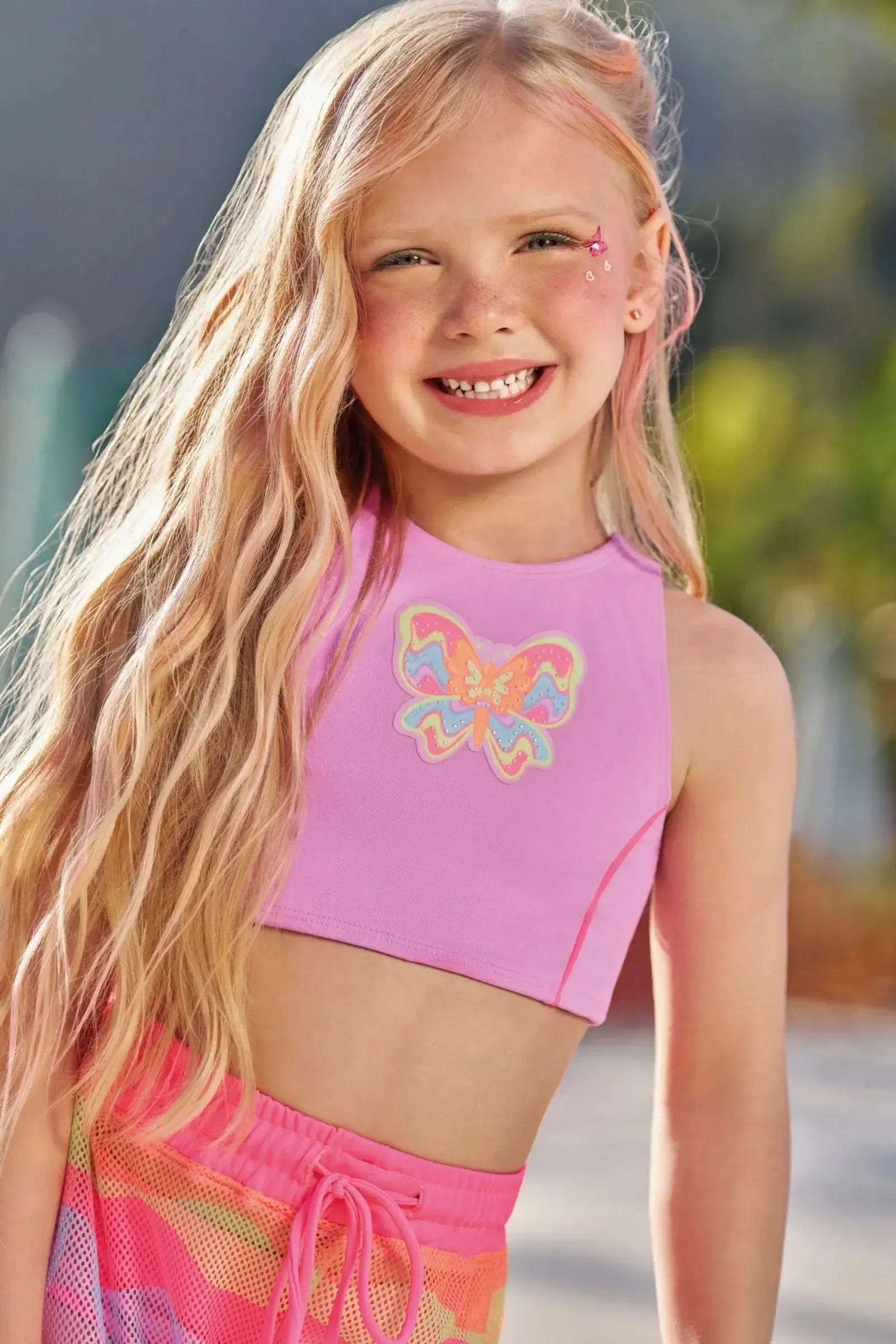 Trio de Biquíni em Malha Poliamida com Proteção UV50+ e Shorts em Tela Fashion 96224 Kukiê Infantil Menina