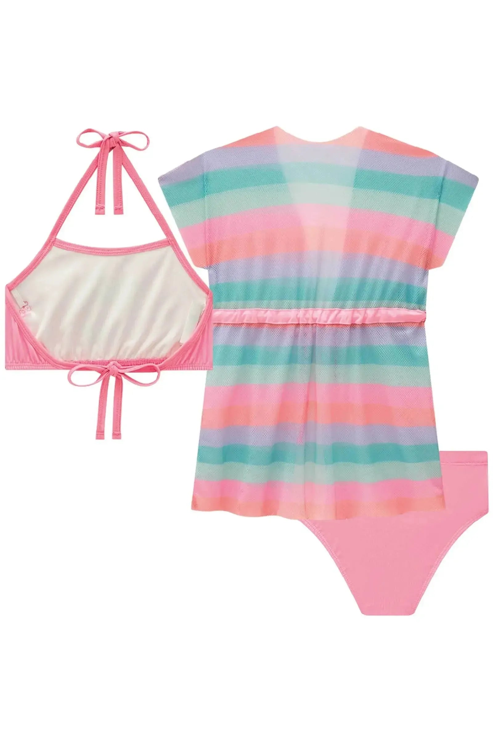 Trio de Biquíni em Malha UV Dry com Proteção UV 50+ com Saída de Praia em Tela Fashion 93177 Infanti Infantil Menina
