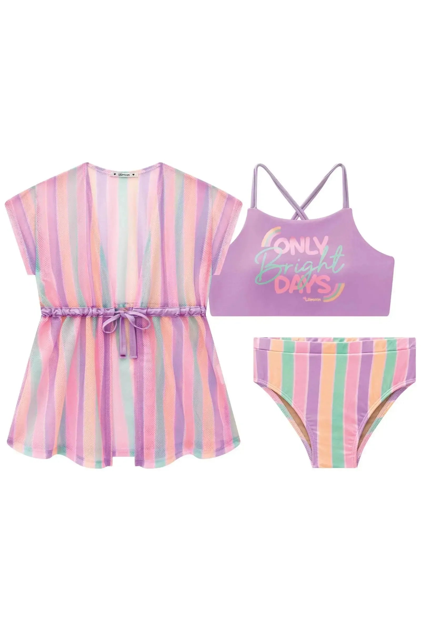 Trio de Biquíni em Malha UV Dry com Proteção UV 50+ e Saida de Praia em Tela Fashion 96452 Lilimoon Teen Menina