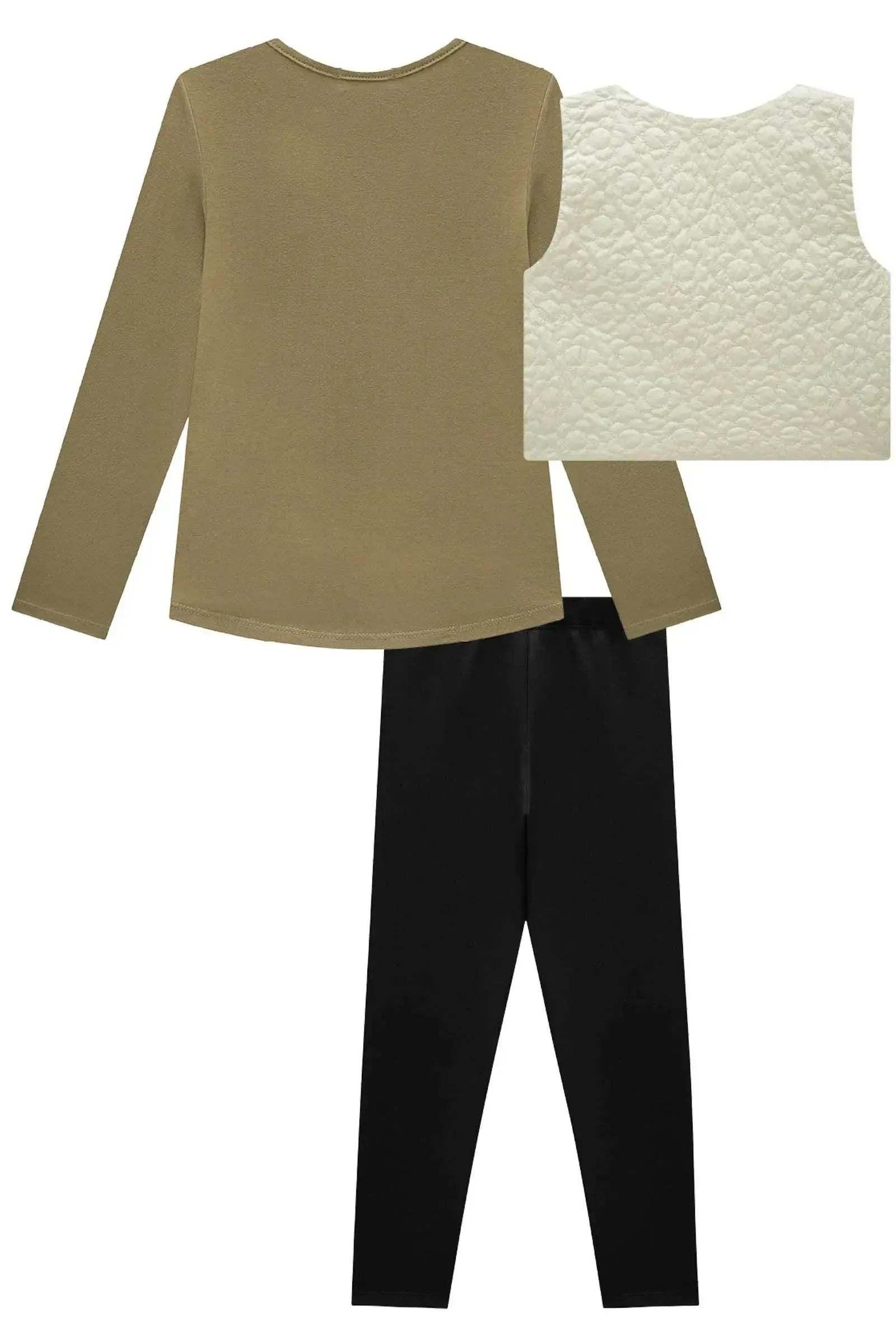 Trio de Blusa Alongada em Cotton Colete em Matelassê Flores e Calça Legging em Fly Tech 94209 Infanti Infantil Menina
