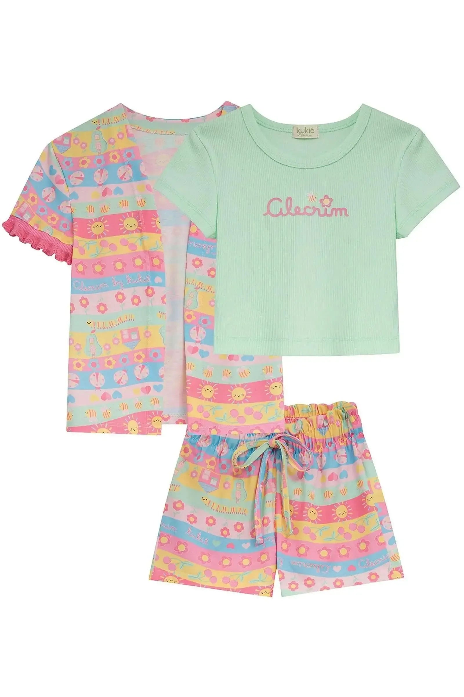 Trio de Blusa em Canelado e Shorts e Kimono em Malha Fresh 95231 Kukiê Infantil Menina
