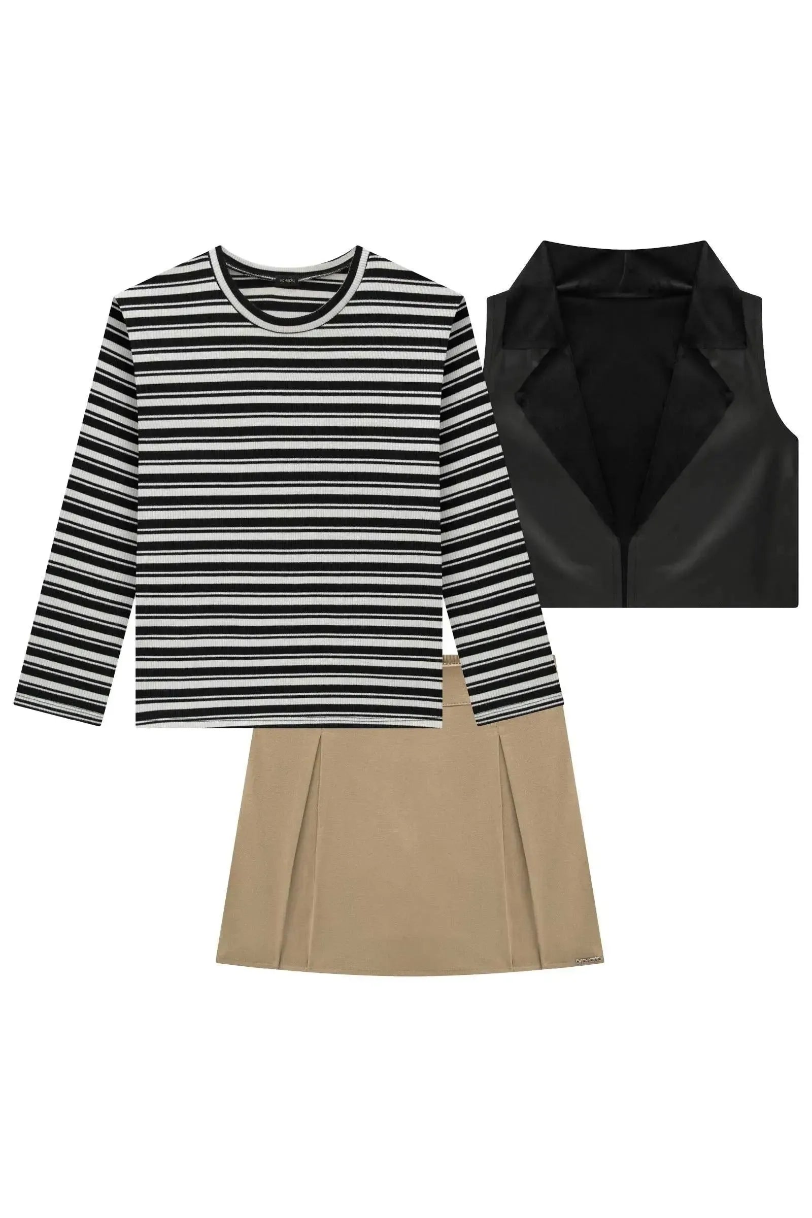 Trio de Blusa em Canelado Liz Colete Cropped em Couro Dublado e Short Saia em Sarja 90908 Vic&Vicky Teen Menina