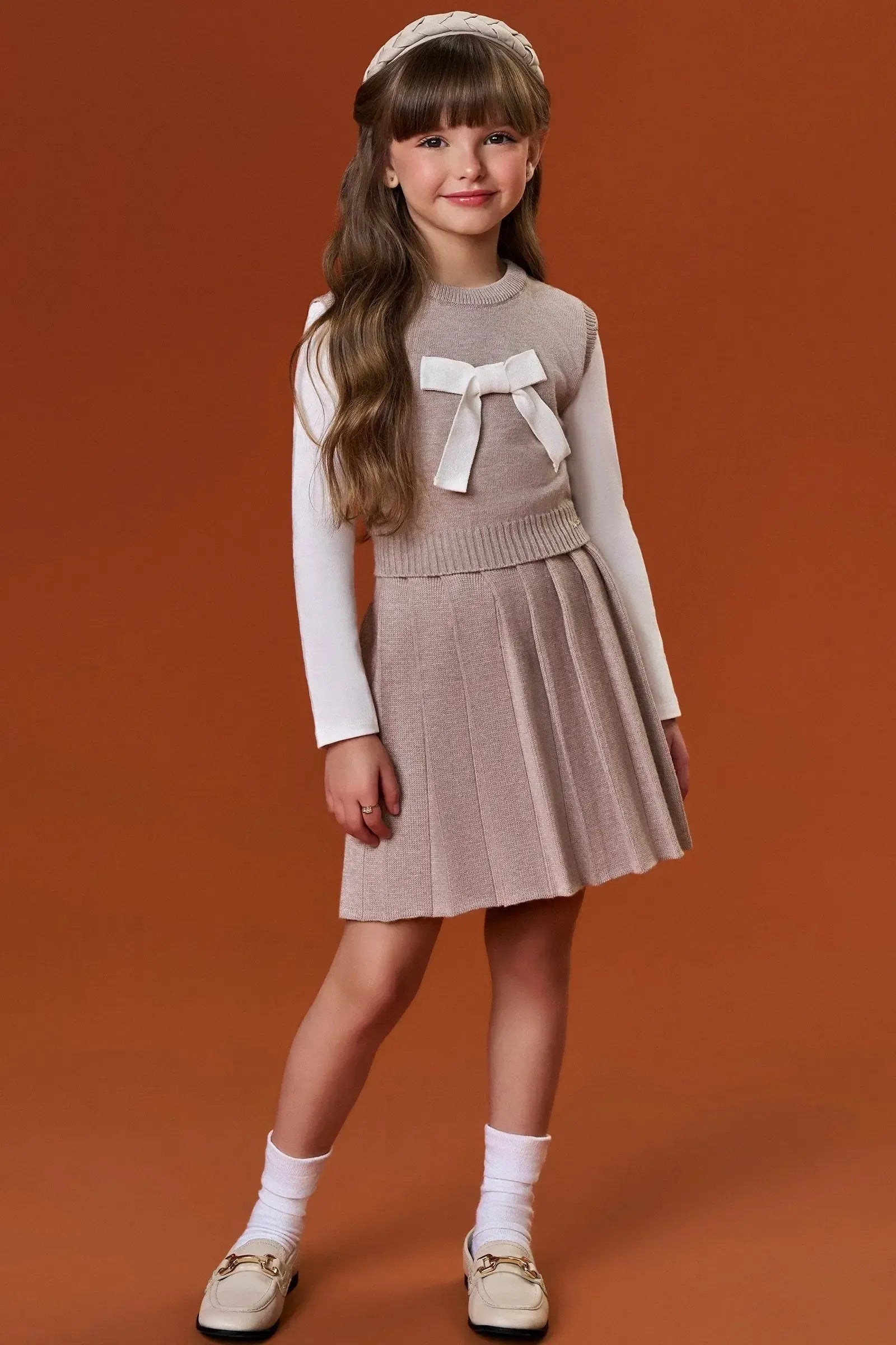 Trio de Blusa em Cotton Colete e Saia em Tricot 87685 Infanti Infantil Menina