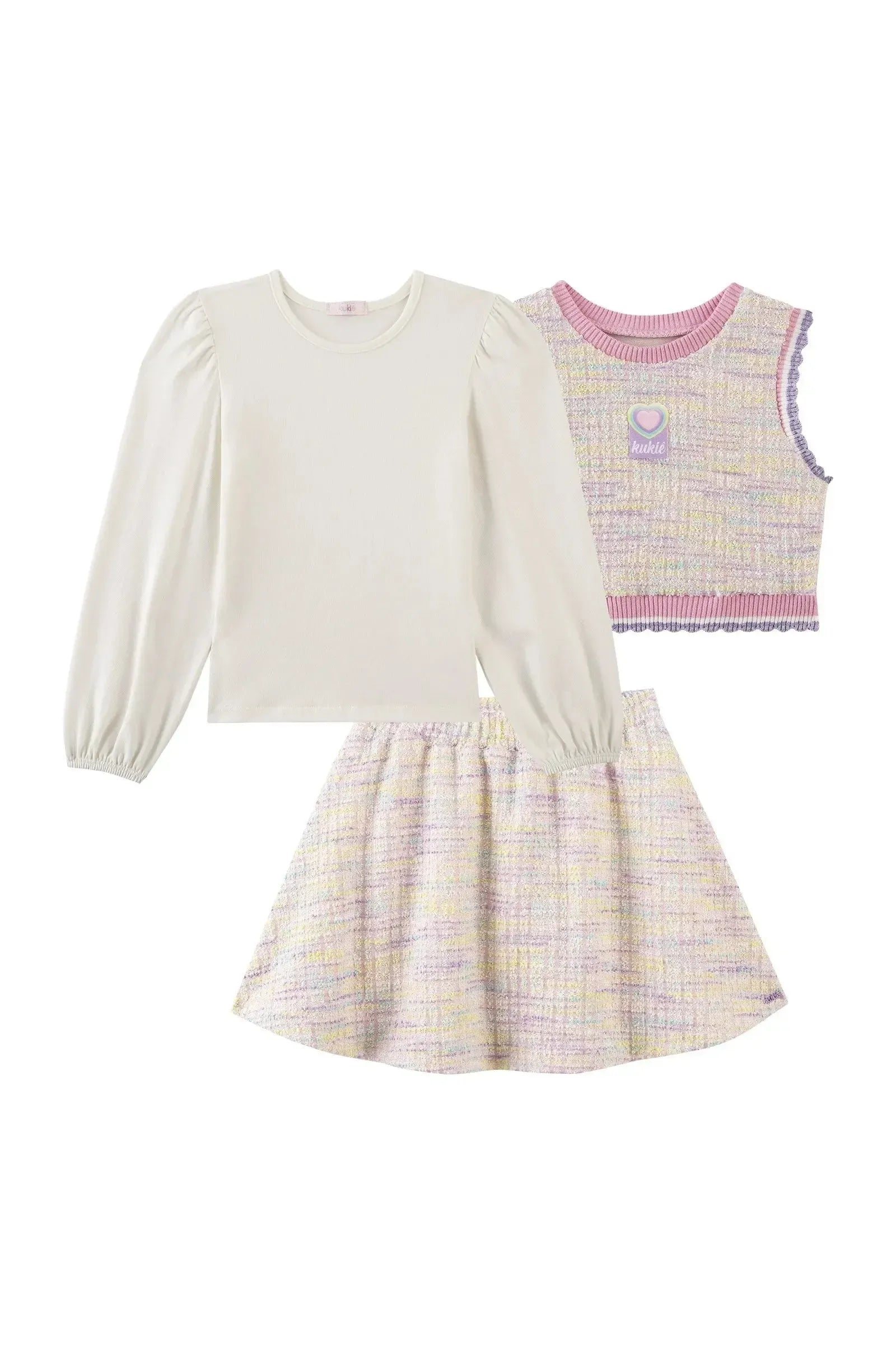 Trio de Blusa em Cotton Colete em Malha Tweed e Saia em Malha Tweed 89831 Kukiê Infantil Menina