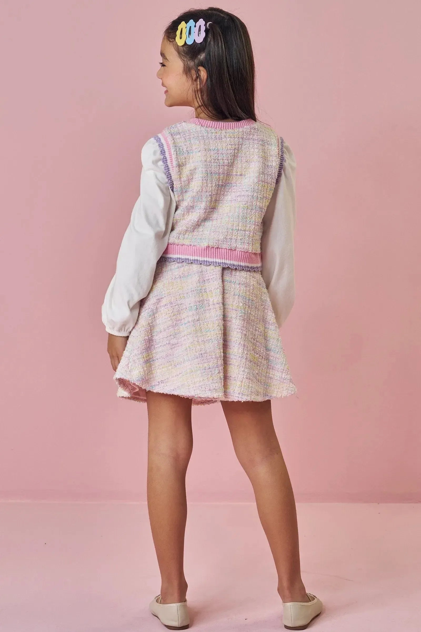 Trio de Blusa em Cotton Colete em Malha Tweed e Saia em Malha Tweed 89831 Kukiê Infantil Menina