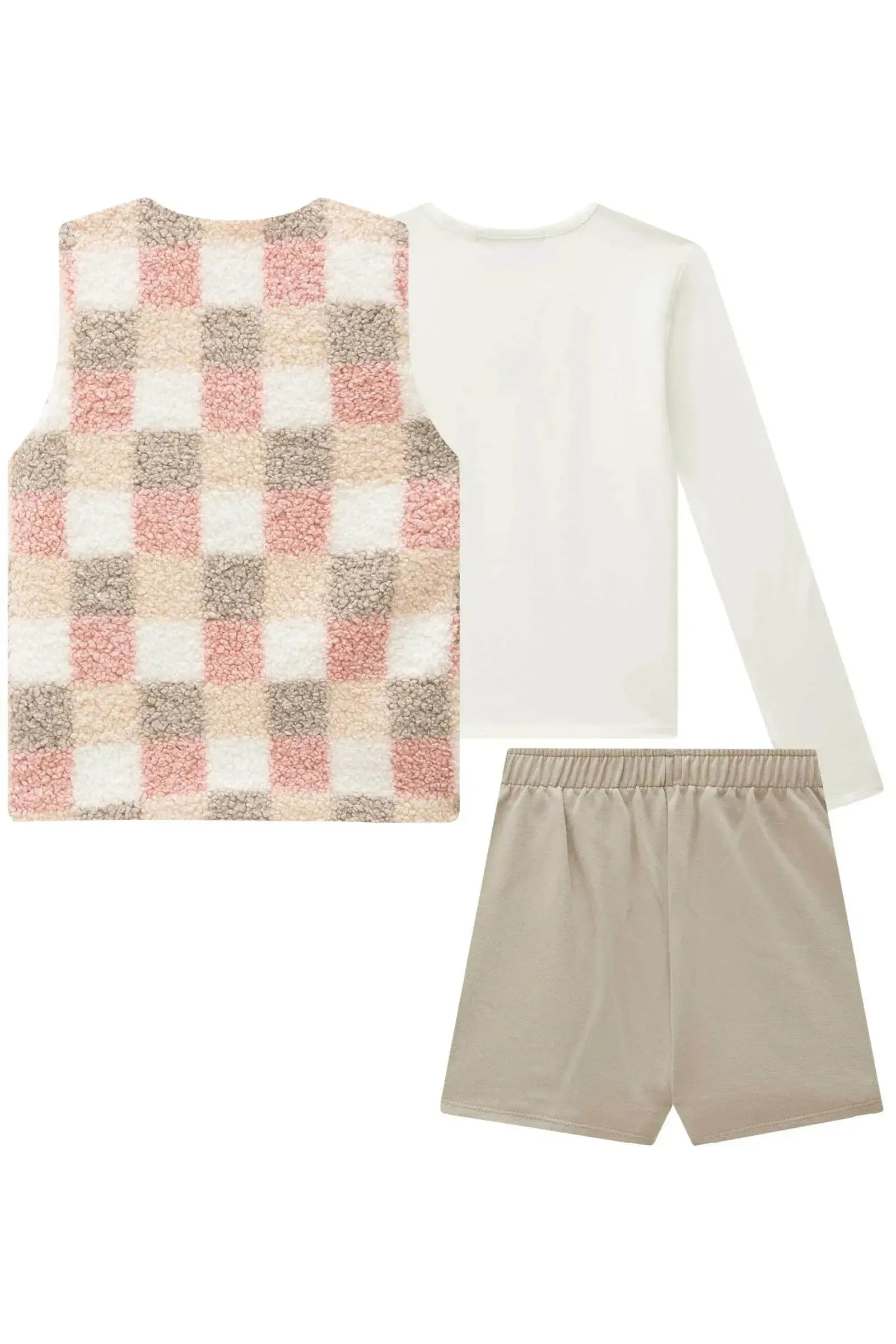 Trio de Blusa em Cotton Colete em Pelo Sintético e Short Saia em Moletom sem Pelúcia 91751 Lilimoon Teen Menina